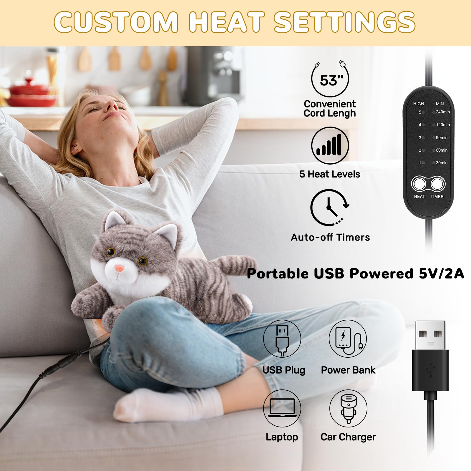 Manta eléctrica con apagado automático, almohadilla térmica eléctrica USB para período, cojín térmico Warmies, cuello, espalda, hombros, vientre, regalos de Navidad para mujeres y niñas