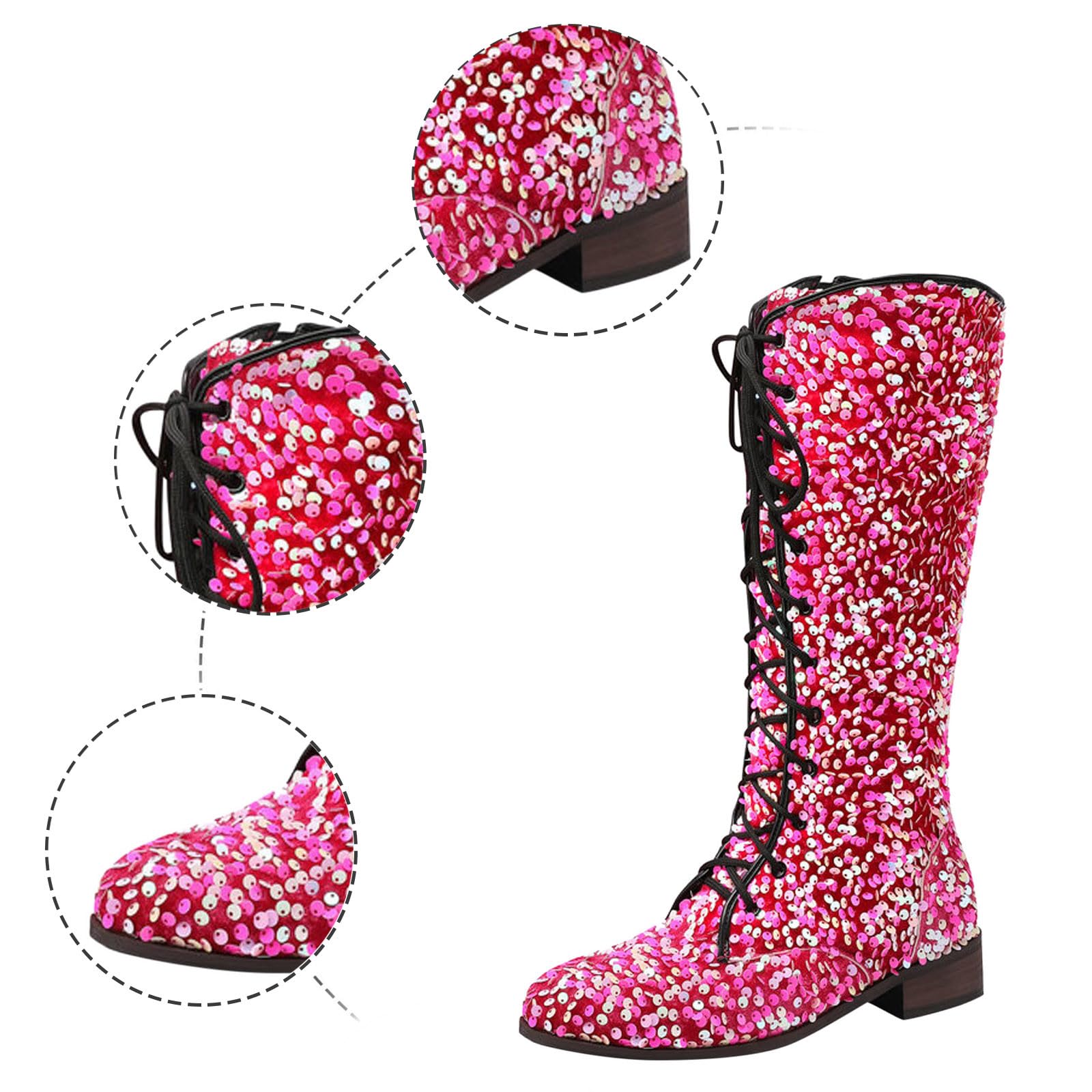 Botki damskie, buty do połowy łydki, z cekinami, dekoracja retro, z koronką, grube obcasy, niskie obcasy, wygodne buty gumowe