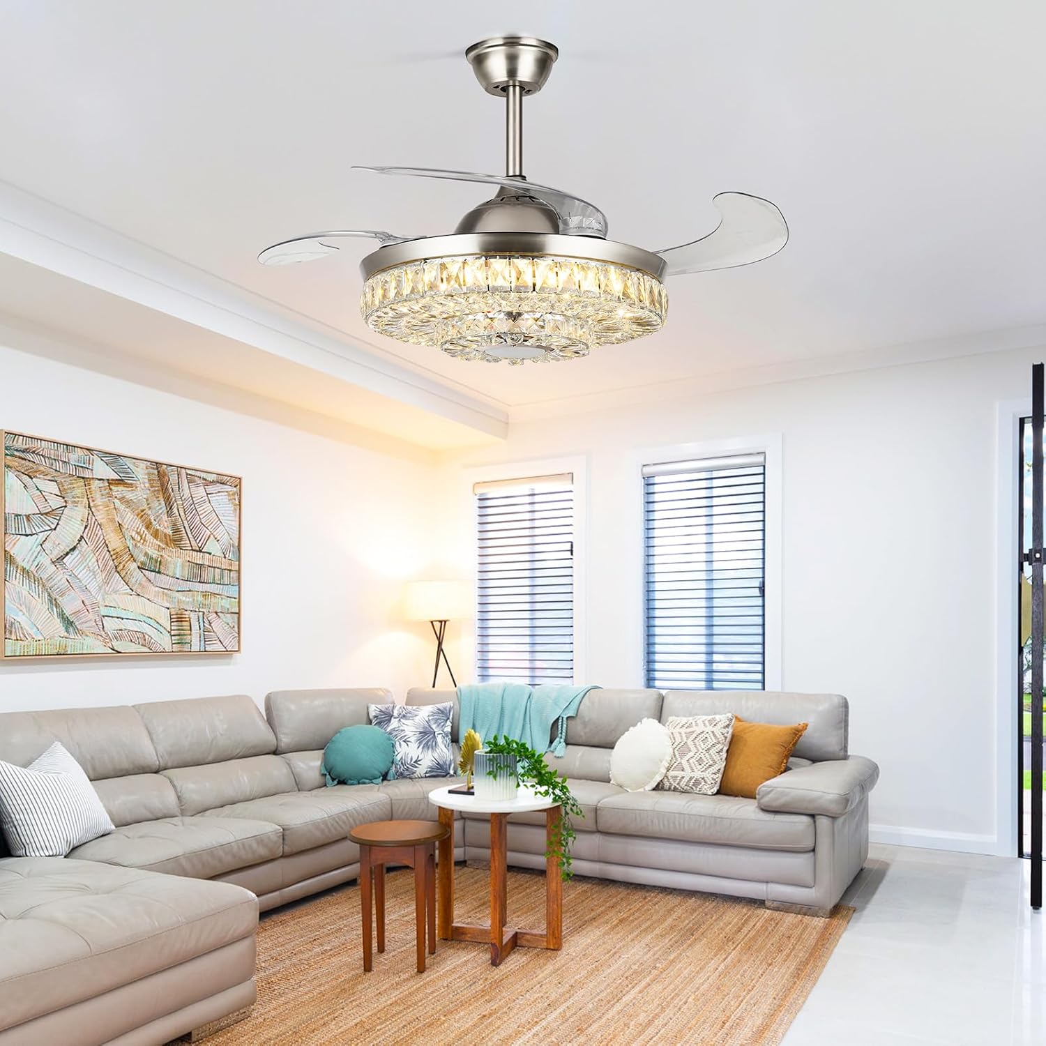 MORE CHANGE 42" Crystal Chandelier Ceiling Fan with Light Bluetooth Speaker, Modern Silver Retractable Fandelier Ceiling Fan and Remote RGB Colors Reversible Blades for Dinning Room
