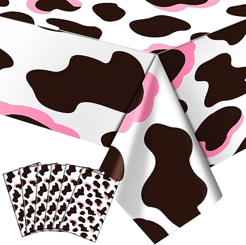 Buryeah 6 piezas de mantel rectangular de plástico para mesa de vaca vaquera rosa, mantel de fiesta de granja de animales, mantel de vaca negra y