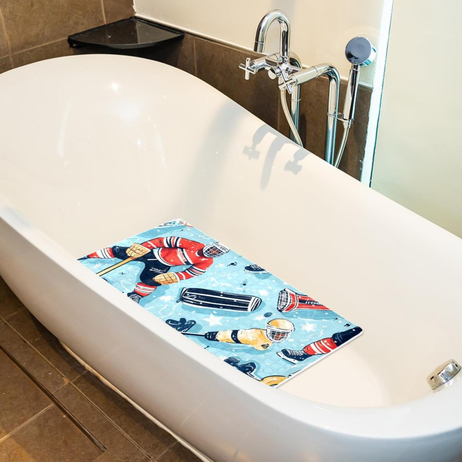 Tapis de douche antidérapant avec motif hockey sur glace - 38,5 x 68 cm - Tapis de douche en caoutchouc antidérapant avec trous de drainage et ventouses - Lavable en machine