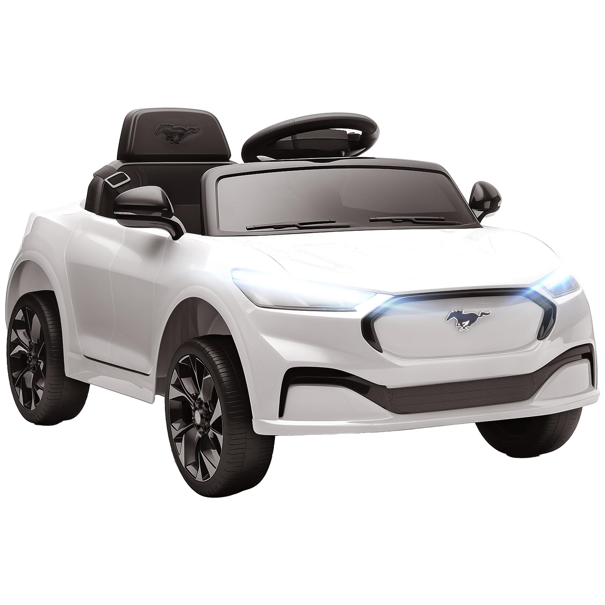 AIYAPLAY Auto elettrica per bambini con licenza ufficiale Ford Mustang Mach-E, 12 V, telecomando da 2,4 G, 2 motori da 25 W, veicolo con avviamento graduale, fari a LED, musica e porta USB, bianco