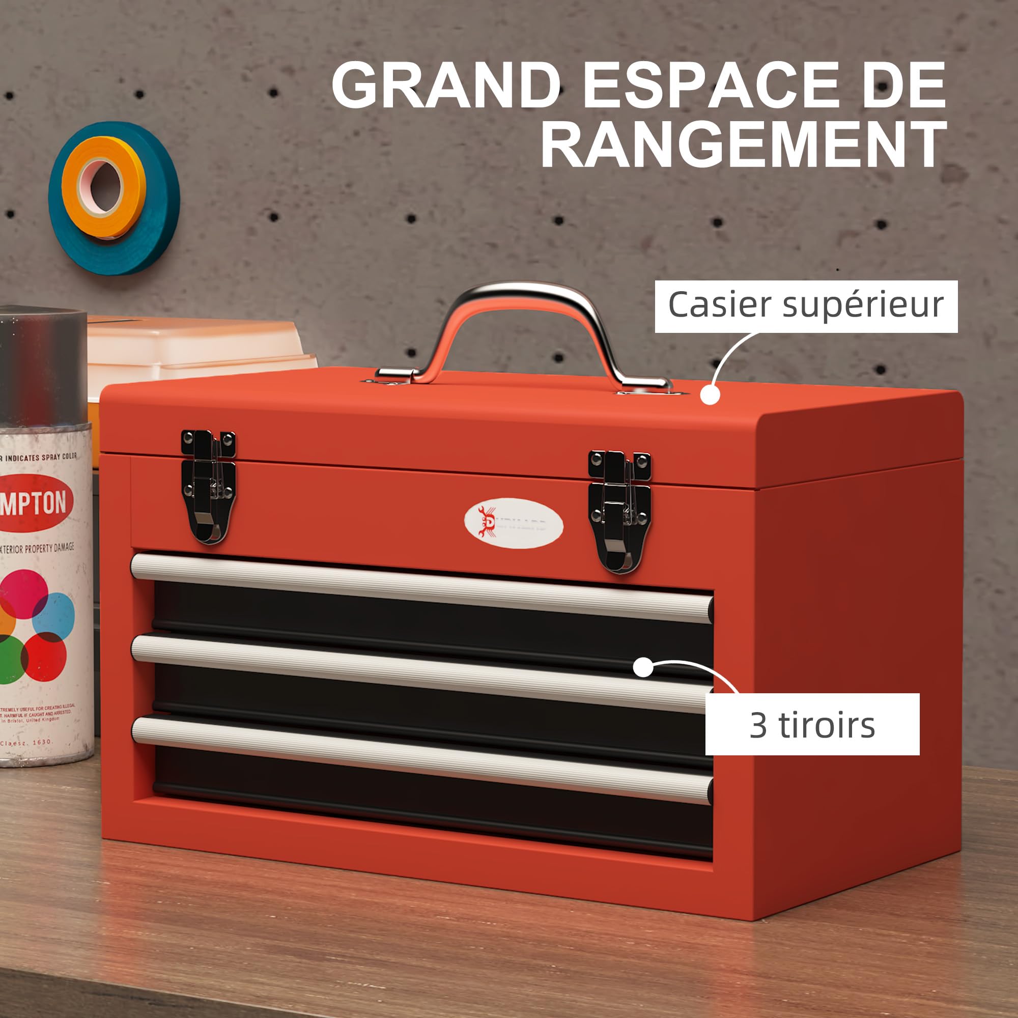 DURHAND Caisse boite à outils en acier 3 Tiroirs 45L x 24l x 27H cm Rouge