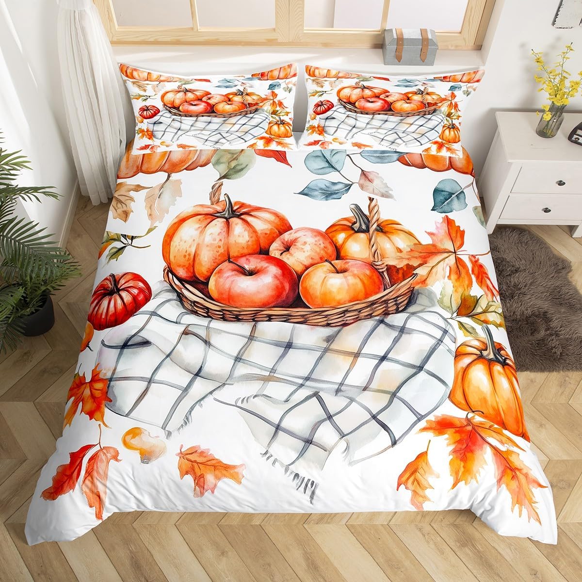 Autumn Harvest Fruits Duvet Cover Set Toddler Size,Apple Pumpkin Maple Leaves Bedding Set Kids Boys Girls Room Decor,Retro Black Plaid Comforter Cover 2Pcs,Fall Theme Bedspreads Cover,1 Pillowcase