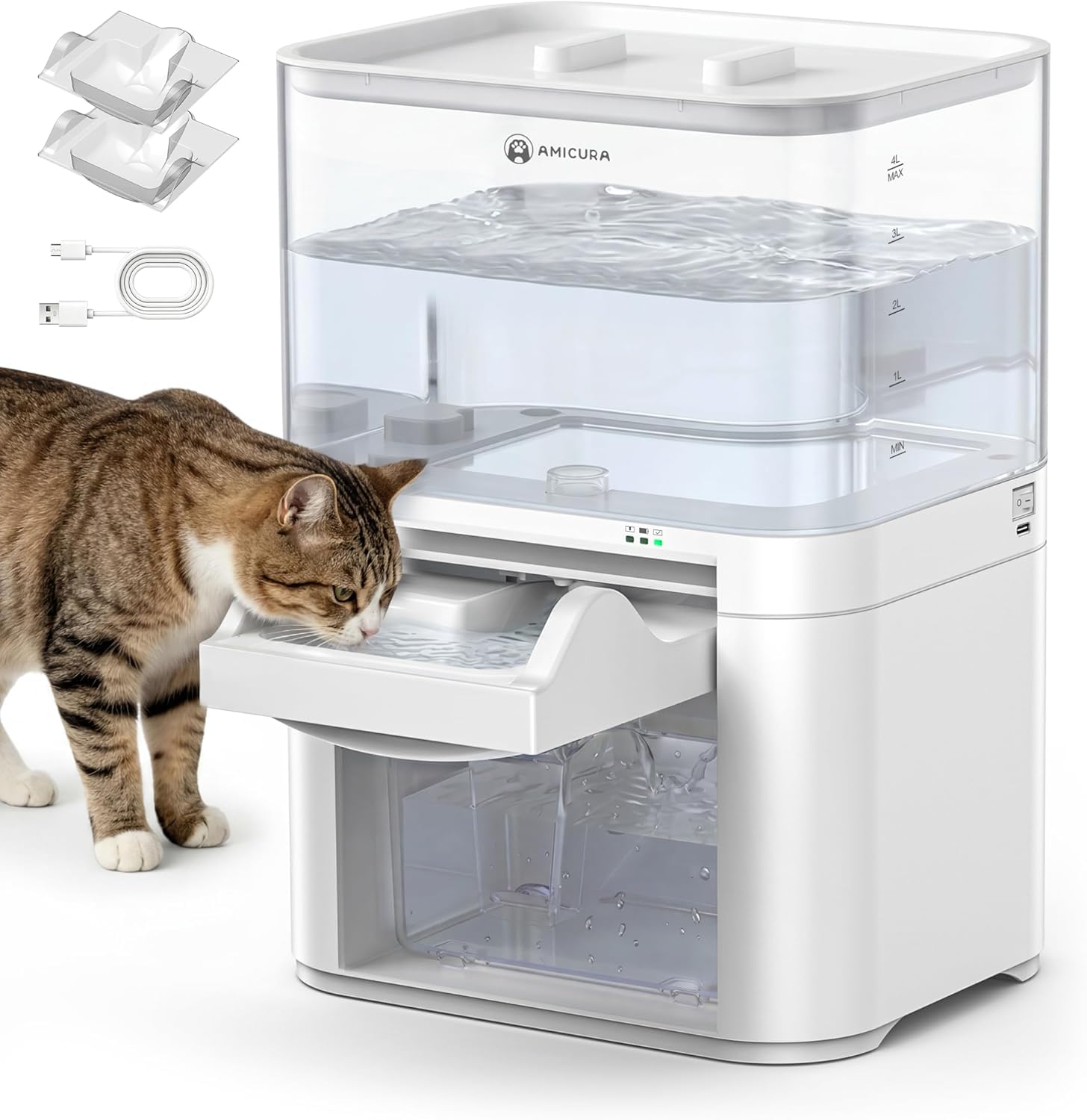 Fuente de Agua para Gatos con Separación de Aguas Residuales & Sin Algodón de Filtro, Distribuidor de Agua para Mascotas 4000mAh & Tanque Grande de 4L Automáticas Sin Cables Gatos en Interior
