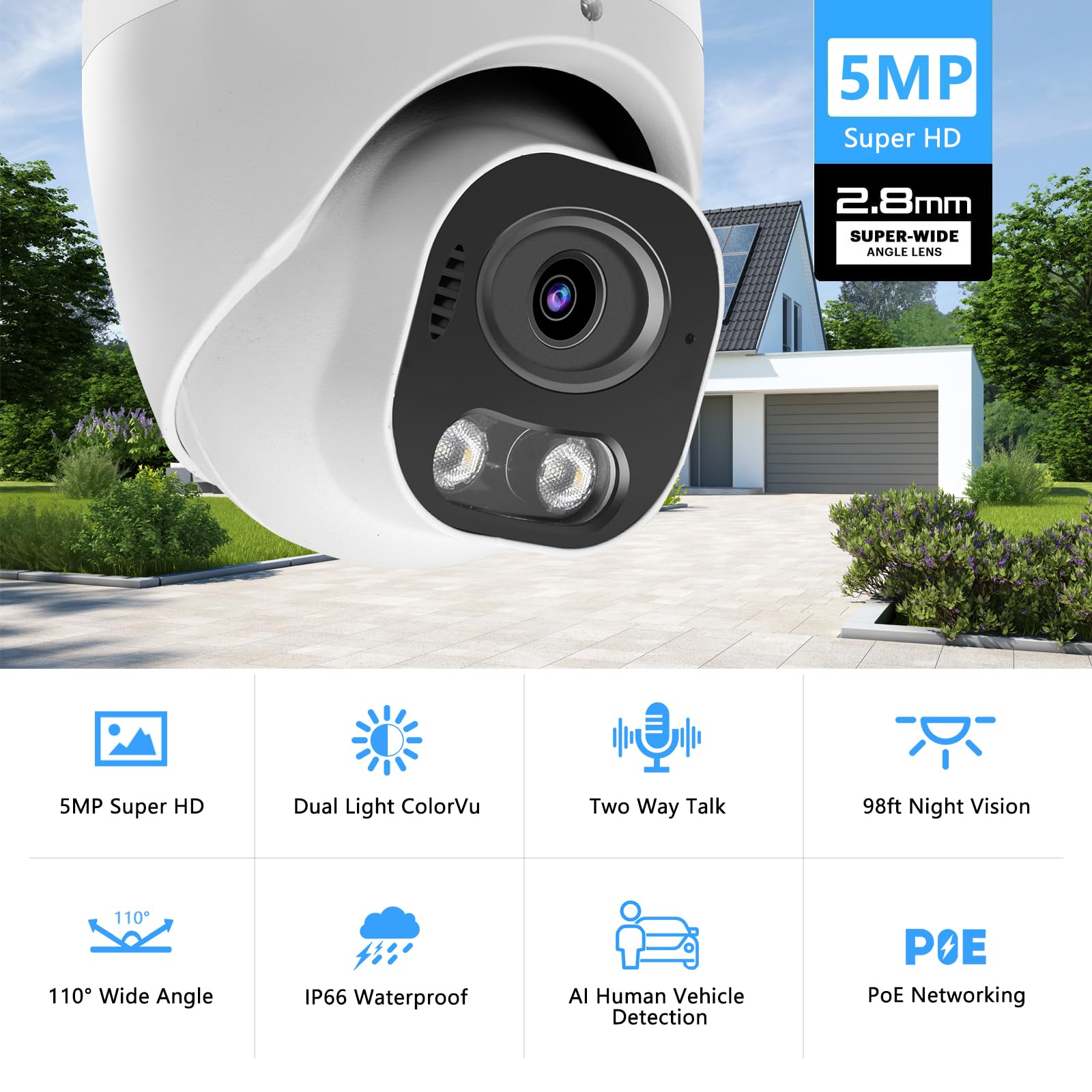 5MP PoE IP-Sicherheitskamera, H.265 Smart Dual-Lichtturm-Kuppelkamera, Farb-Nachtsicht, Zwei-Wege-Talk, SD-Kartensteckplatz, 29,9 m Nachtsicht, 110° Weitwinkel, Menschen-/Fahrzeugerkennung