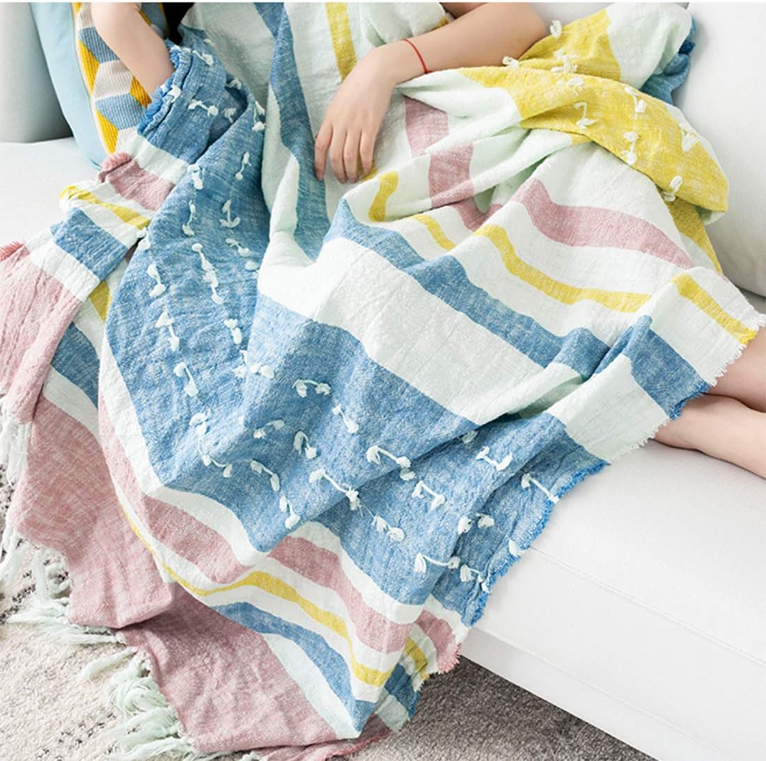 Fennco Styles Cozy Colorful Striped Fringe 100% Cotton Throw Blanket 52 x 67 Inch - Multicolor Blanket for Couch, Living Room and Bedroom Décor