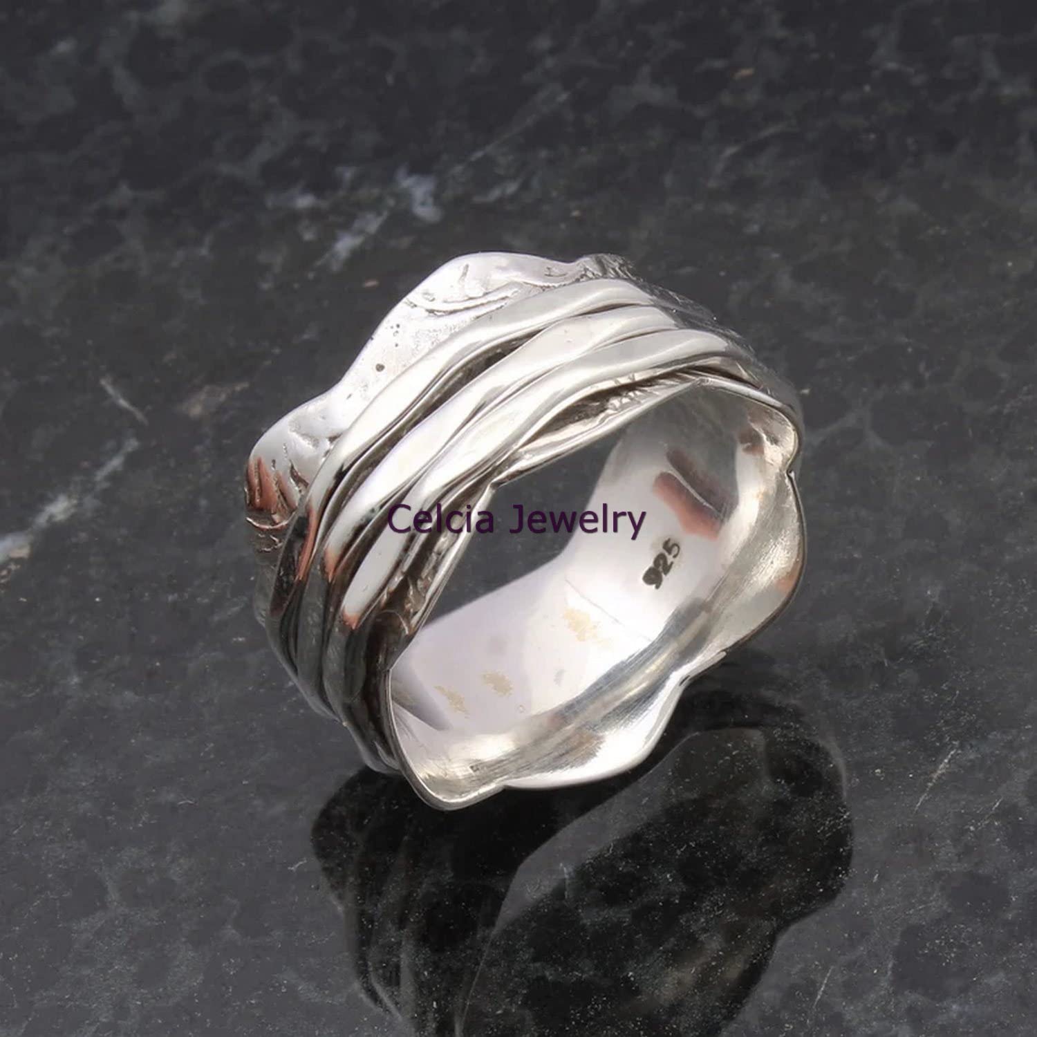 Bellissimo anello di spinner, anello di filatura strutturato, anello a fascia di fiore di design, anello di meditazione in argento sterling 925 reale, gioielli d'argento unisex, anello di proposta