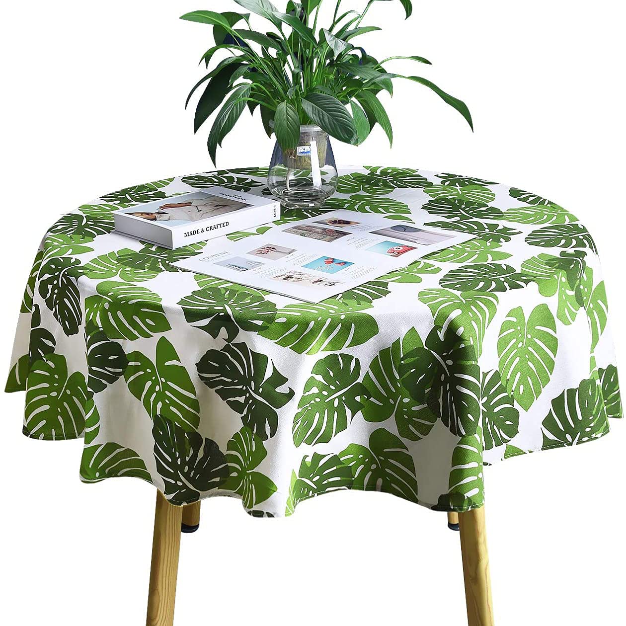 Nappe rectangulaire verte feuilles de bananier peintes main table à manger