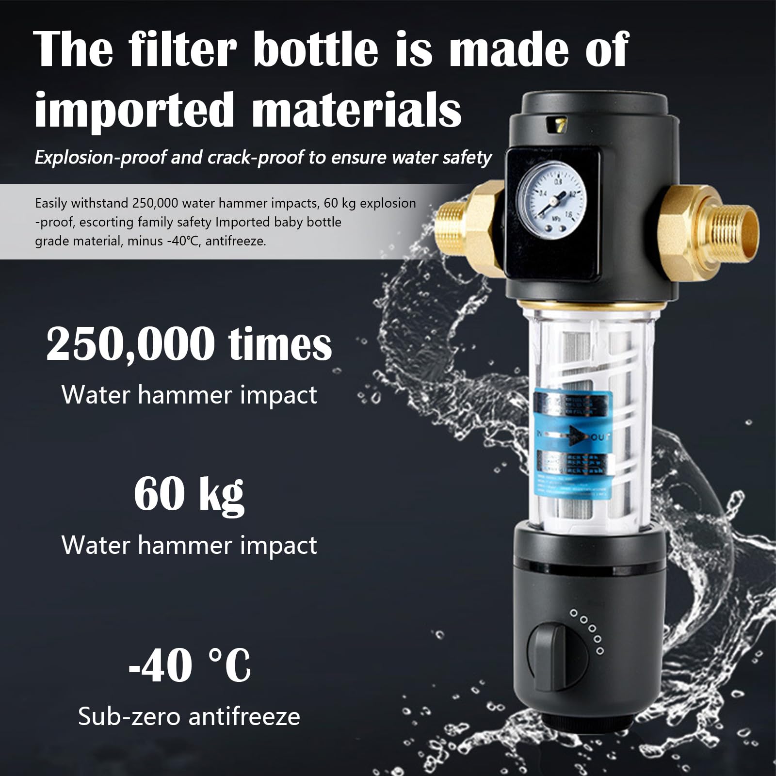 Filtro di risciacquo con manometro, filtro dell'acqua, collegamento domestico, 1/2 pollici, filtro dell'acqua per casa, precisione di filtrazione riutilizzabile, 40 micron, flusso di esportazione