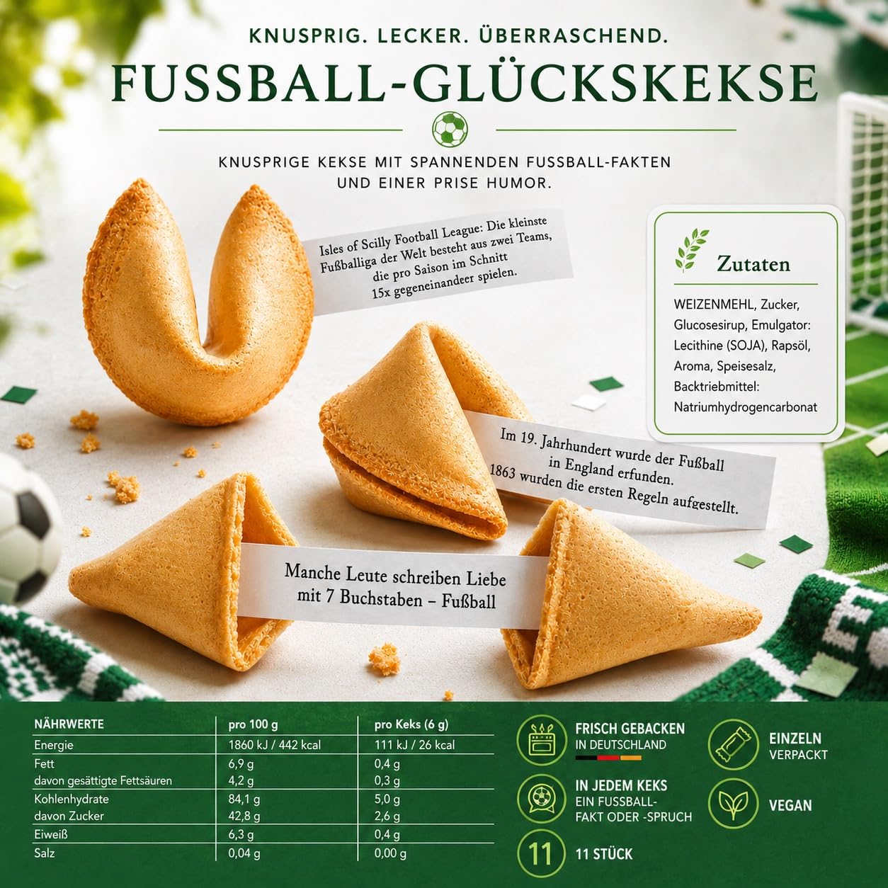 Glückskekse Fußball 250er Packung Fussball Kekse für Fussballfans mit Sprüchen rund um den Fussballsport als Deko Snack Geschenk und Mitbringsel zum Fussballspiel