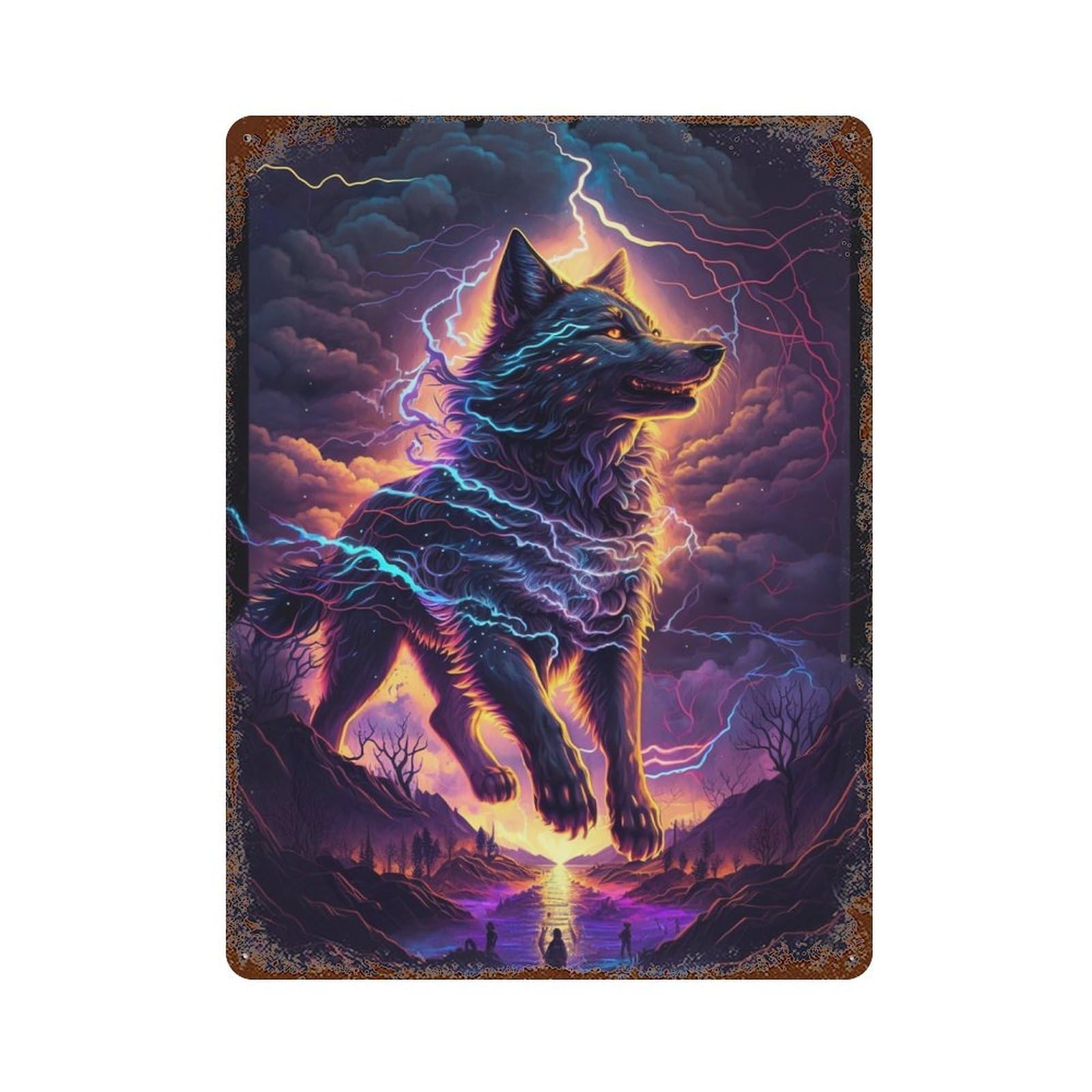 Garage Style Electric Wolf Fantasy Artwork Decorative Tin Sign 15.7"x11.8", Novelty Wall Decor for Bar And Workshop