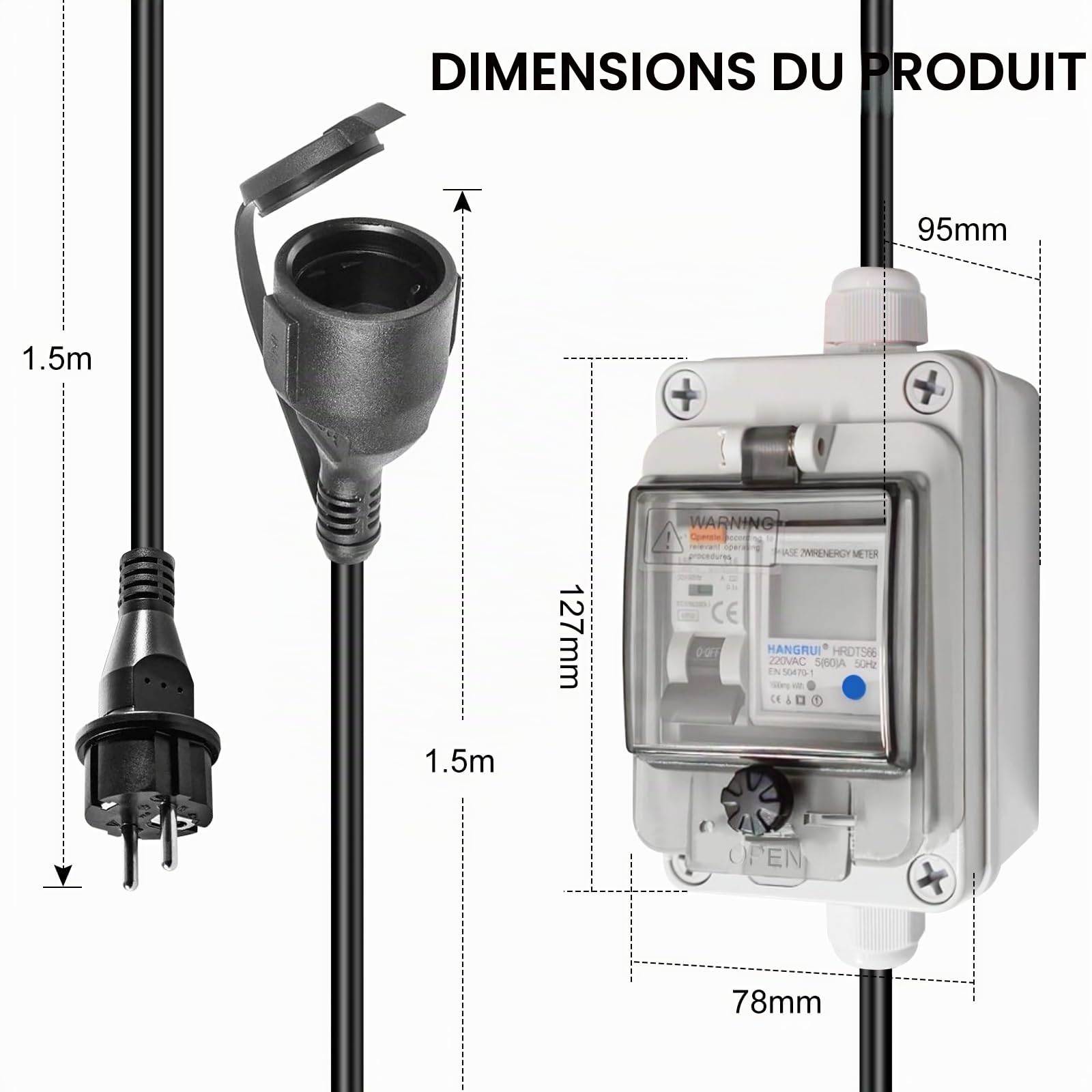 Compteur Electrique Numérique Mobile: 220v Compteur D'énergie Numérique Mobile Avec Prise Schuko, Fonction Mémoire De Coupure De Courant, Mobiles Extérieur Kwh Wattmetre Prise Pour Appareils