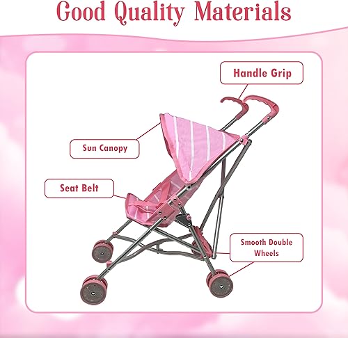 Miniatura 6 de Muñeca de bebé con juego de cochecito - Muñeca de bebé de 12 pulgadas con juego de regalo de chupete - Juguete de cochecito de bebé de tela rosa