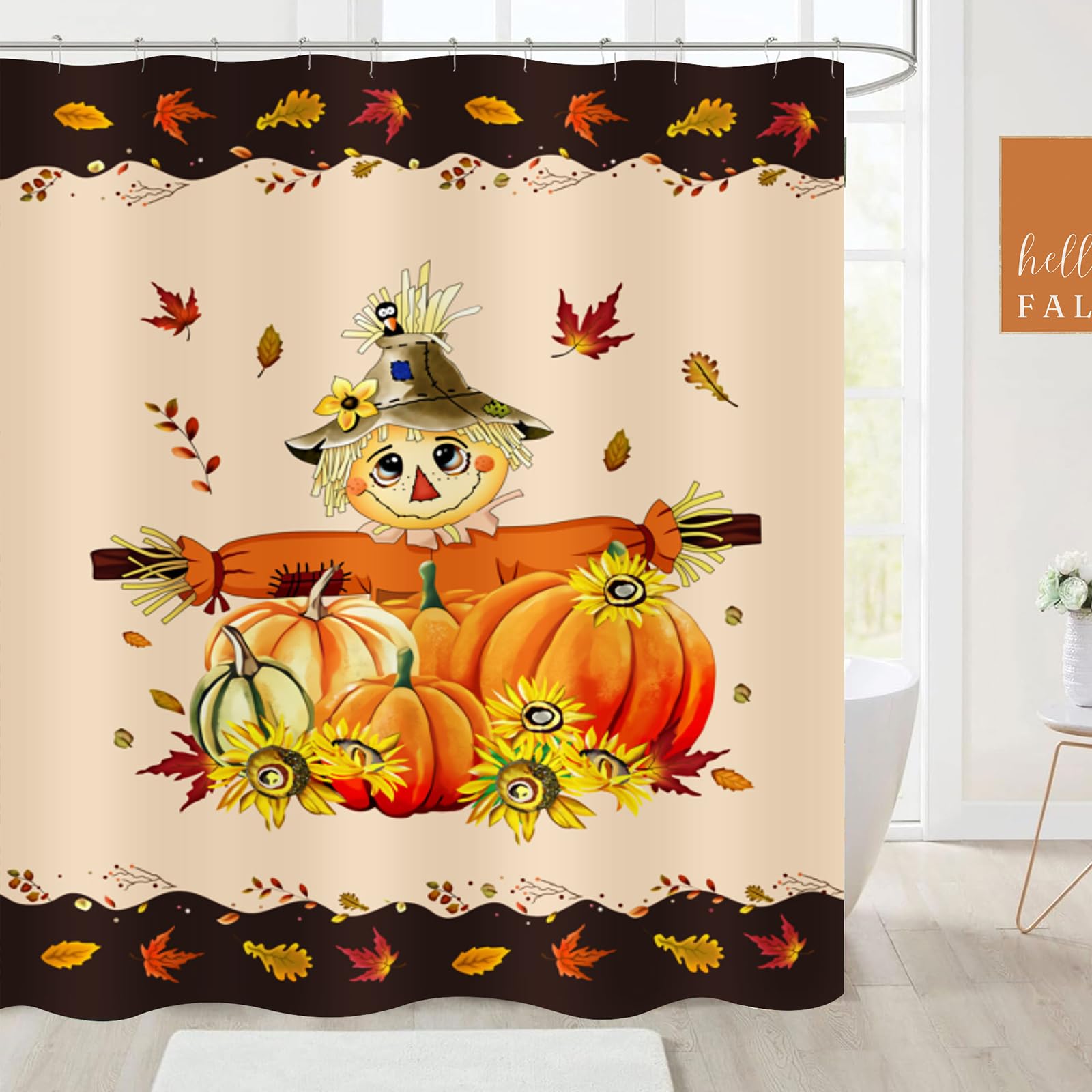 ZCHOMI Fall Scarecrow Shower Curtain Pumpkin Maple Leaves Autumn Harvest Thanksgiving Bathroom Curtains Waterproof Polyester Fabric Bath Curtain 72 x