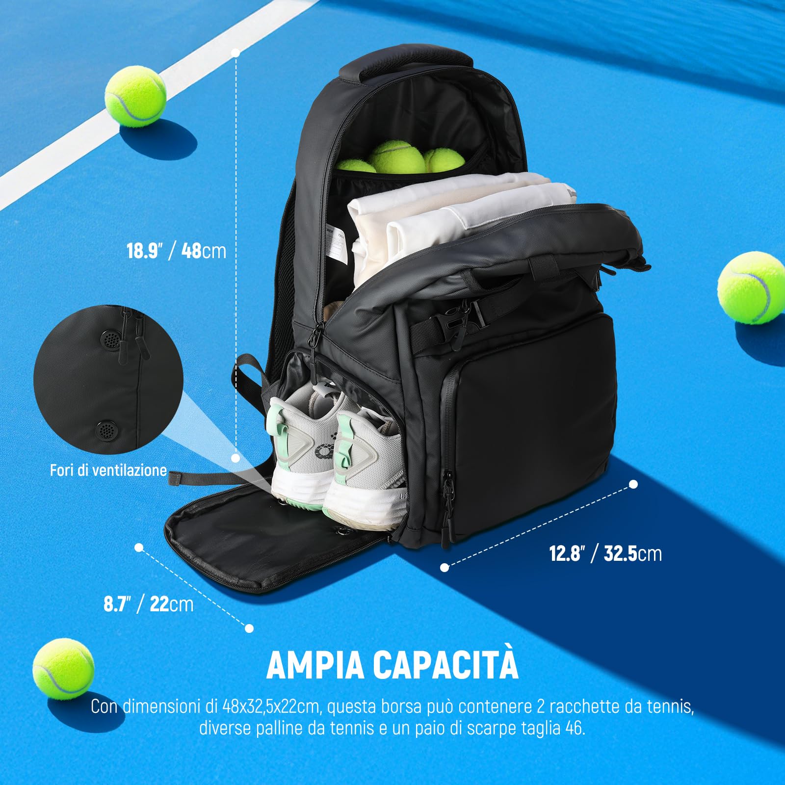 NEEWER Borsa Tennis per Uomo/Donna, Porta Fino a 2 Racchette, Zaino da Palline Tennis Pickleball in PU 1000D Impermeabile con Scomparto per Scarpe, Tasca Laterale, Tasche per Accessori, Gancio,TB02B