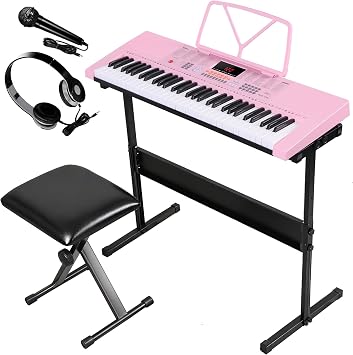 ZENY 61-Key Portable Electric Keyboard Piano with Built In Speakers, LED Screen, Headphones, Microphone, Piano Stand, Music Sheet Stand and Stool Pink