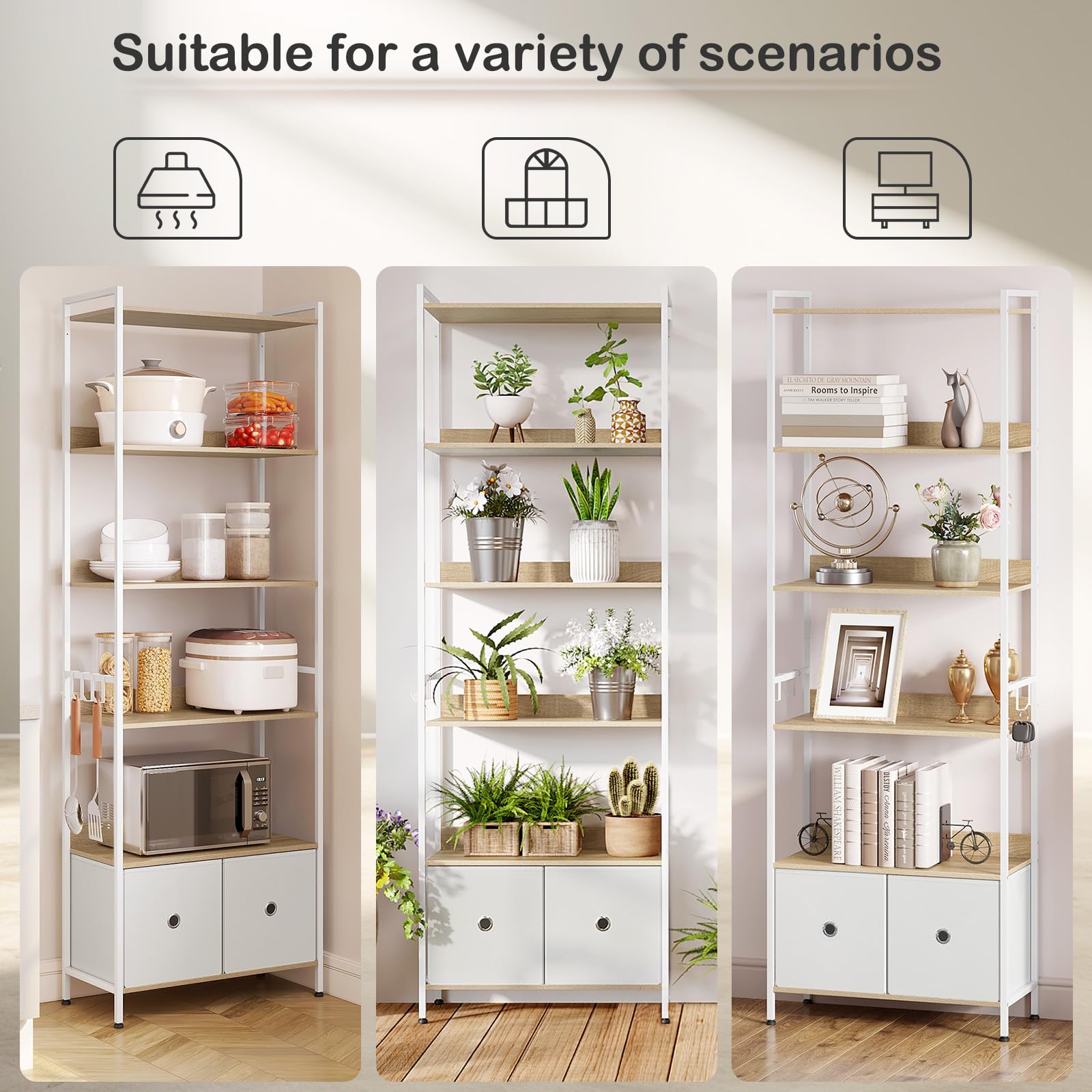 WOLTU Libreria a 5 Piani con 2 Cassetti, Scaffale di Stoccaggio a Pavimento, Moderno, Struttura in Acciaio, Soggiorno/Ufficio/Studio/Cucina/Camera da Letto, Rovere Chiaro+Bianco, RGB62whe