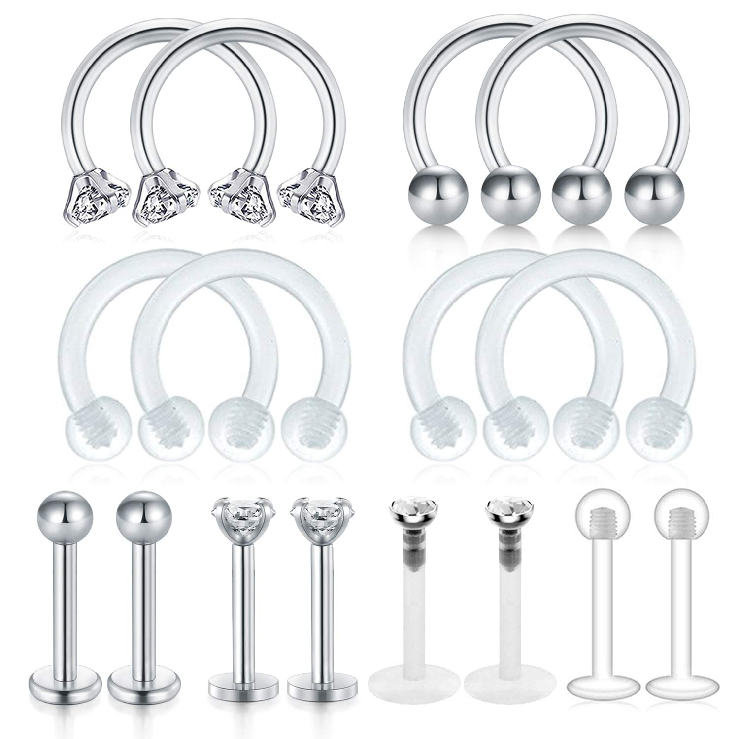JFORYOU12pcs Stainless Steel Rook Daith Tragus Earrings Belly Lip Ring Eyebrow Studs Cartilage Helix Cubic Zirconia Barbell Body Piercing