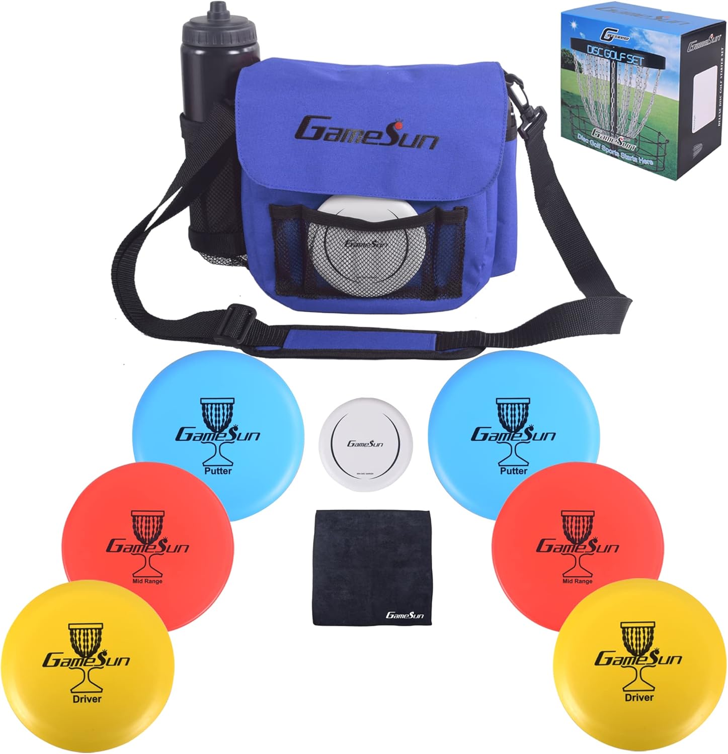 DISC Golf Set-Includes 1pc Heavy Duty Nylon Carry Bag, 2pcs Drivers, 2pcs Mid-Ranges, 2pcs Putters, 1pc Mini Disc Marker, 1pc 12”x12” Embroider Logo Black Towel and 1pc Gift Color Box