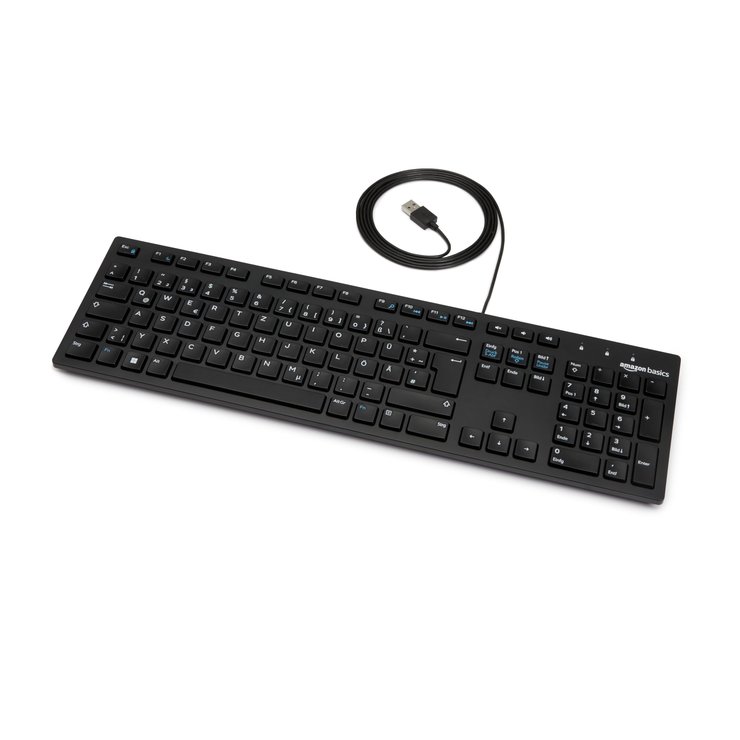 Amazon Basics Tastatur mit DE-Layout, flach, USB-kabelgebunden, Mattschwarz