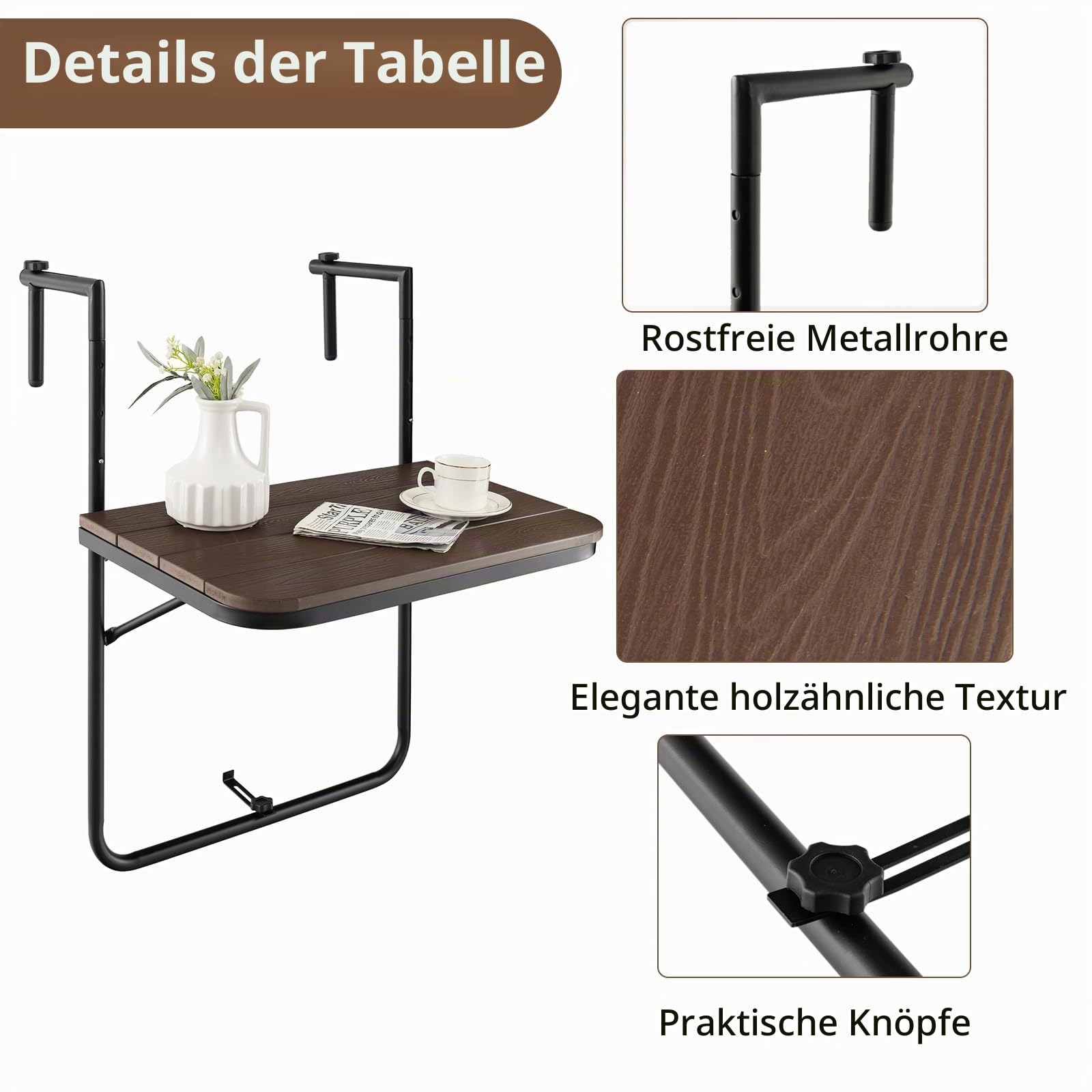 KOMFOTTEU Balkontisch klappbar & wetterfest, Balkonhängetisch höhenverstellbar in 3 Stufen, Gartentisch Klapptisch bis 30 kg, Hängetisch klein für Outdoor & Indoor (Kaffee)