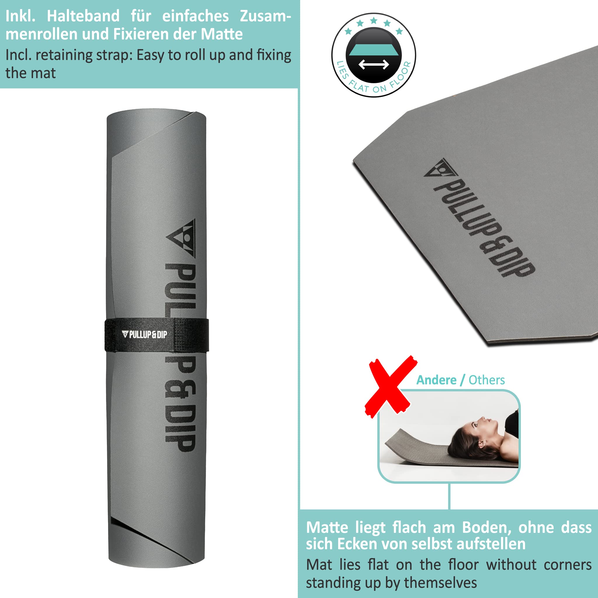 PULLUP & DIP Fitnessmatte mit Halteband – phthalatfreie und hautfreundliche Yogamatte 183 x 68 x 0,8 cm, Zweischichtige Gymnastikmatte rutschfest und gelenkschonend für Pilates, Heimtraining