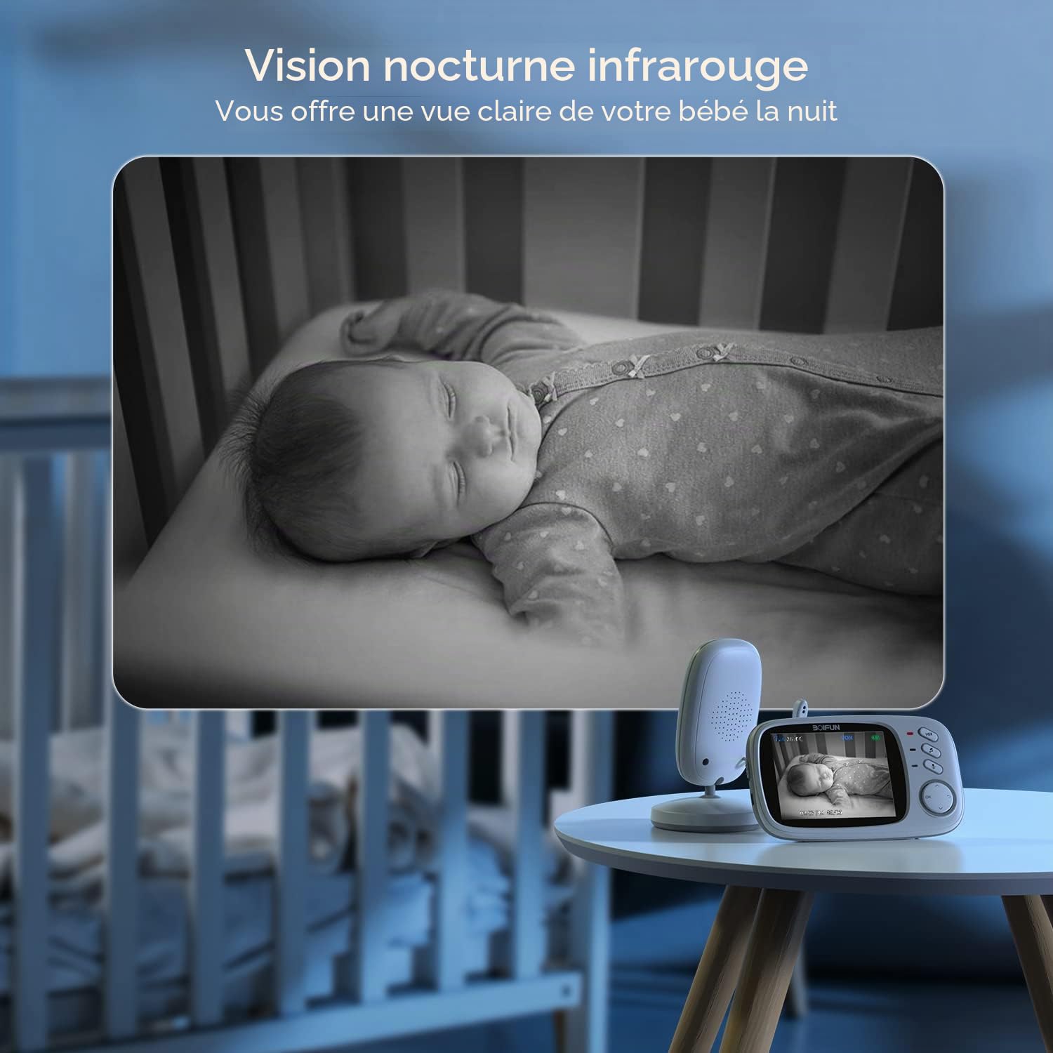 BOIFUN Bébé Moniteur, Caméra Bébé Écran 4" 2000mAh Batterie Rechargeable, VOX Détection du Son, Détection De La Température Et De L'humidité, Vision Nocturne, Soutien Berceuses