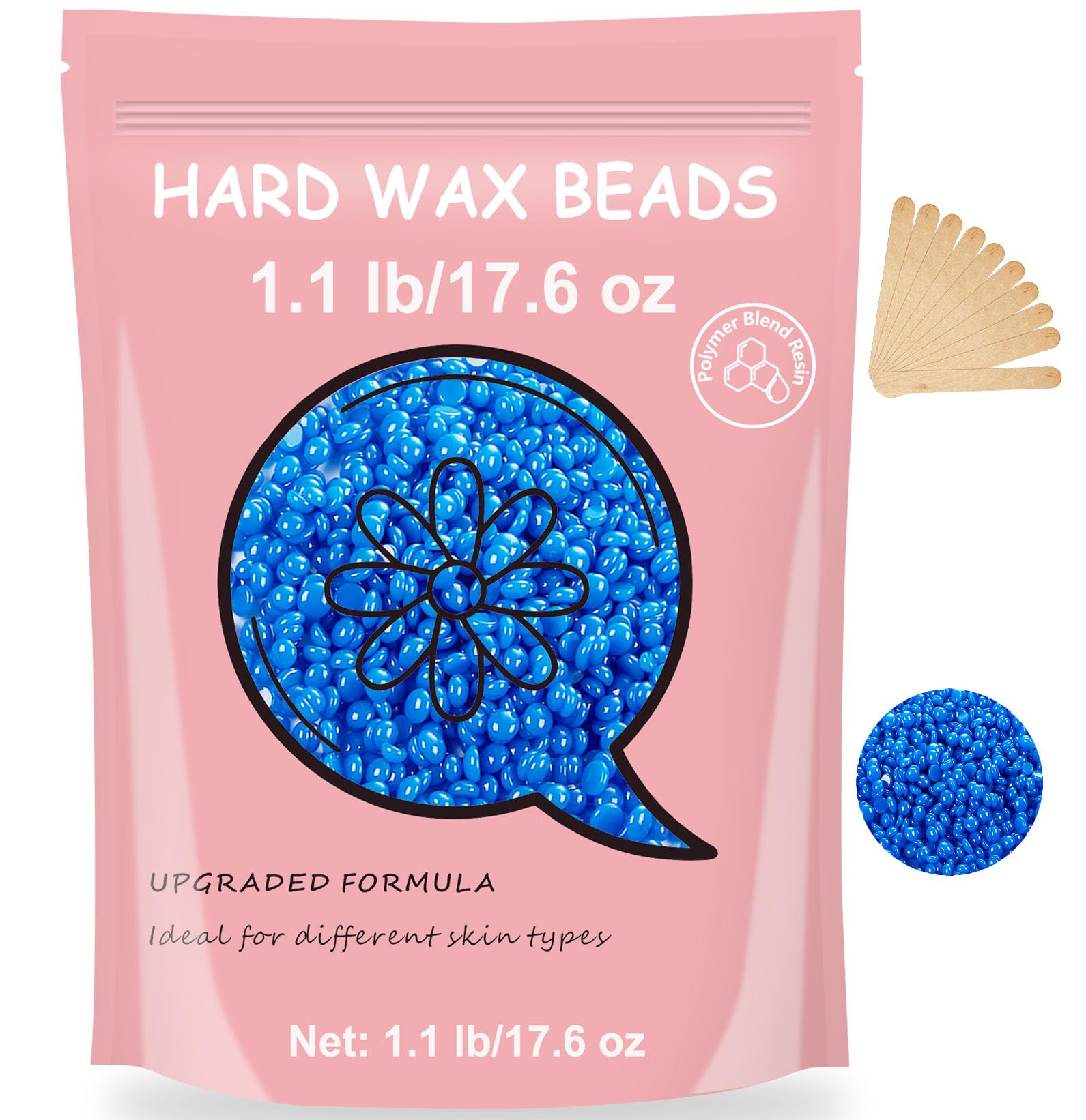 Hard Wax Beads, 1.1lb/17.6oz, Sensitive Skin, Natural Hair Removal Wax Beads for Face, Legs, Brazilian, Bikini and Full Body, Chamomile Blue