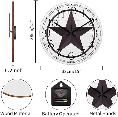 Miniatura 10 de Reloj de pared decorativo de 15 pulgadas con estrella del oeste de Texas clásico reloj de madera de granja silencioso sin tictac funciona con pilas