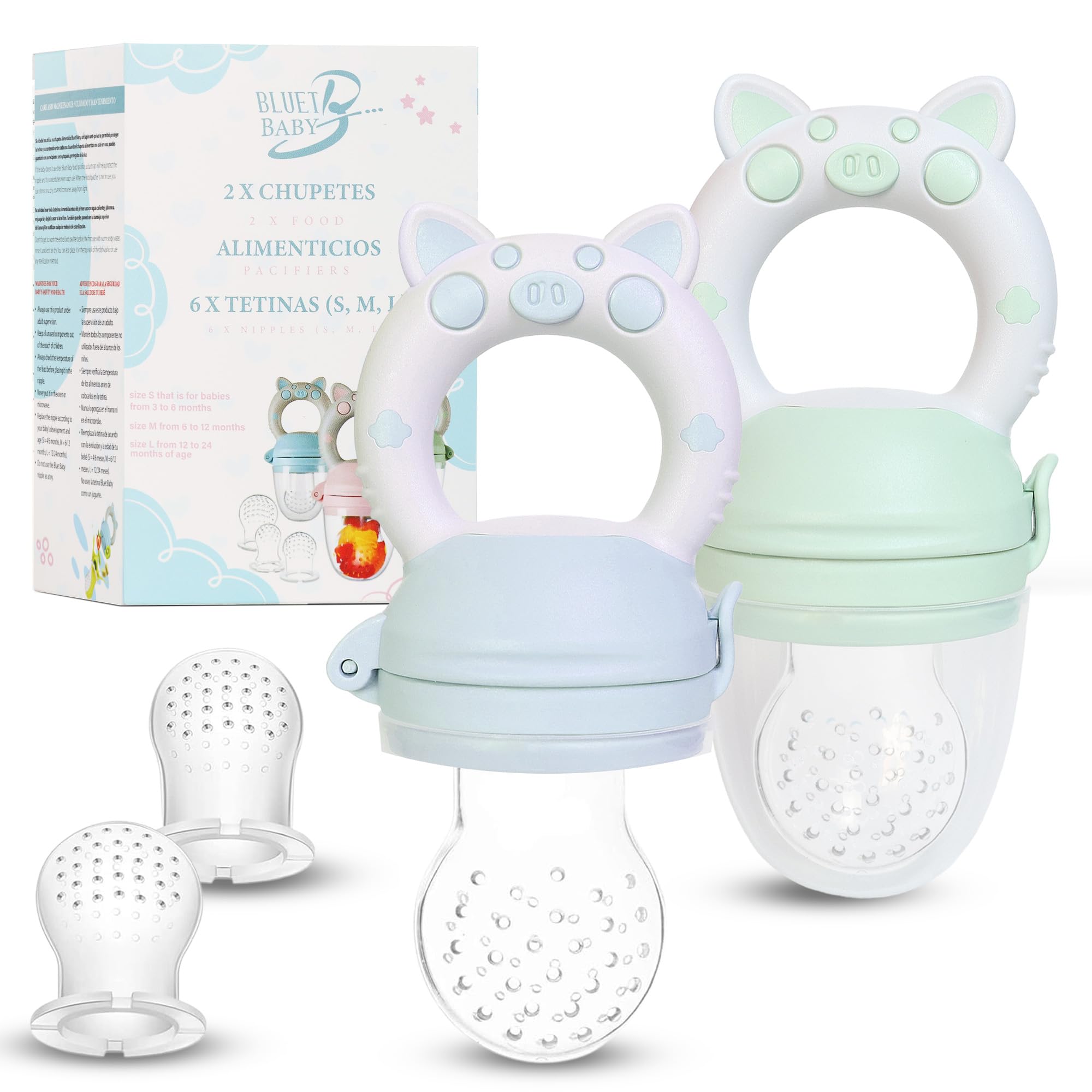 Bluet B Baby - Chupete Fruta Bebe - Chupete Alimentador para Bebe - Chupete Mordedor Alimenticio para Bebés y Niños Pequeños 6 meses - Incuye 6 Tetinas de Silicona sin BPA - 2 piezas - Azul y Verde