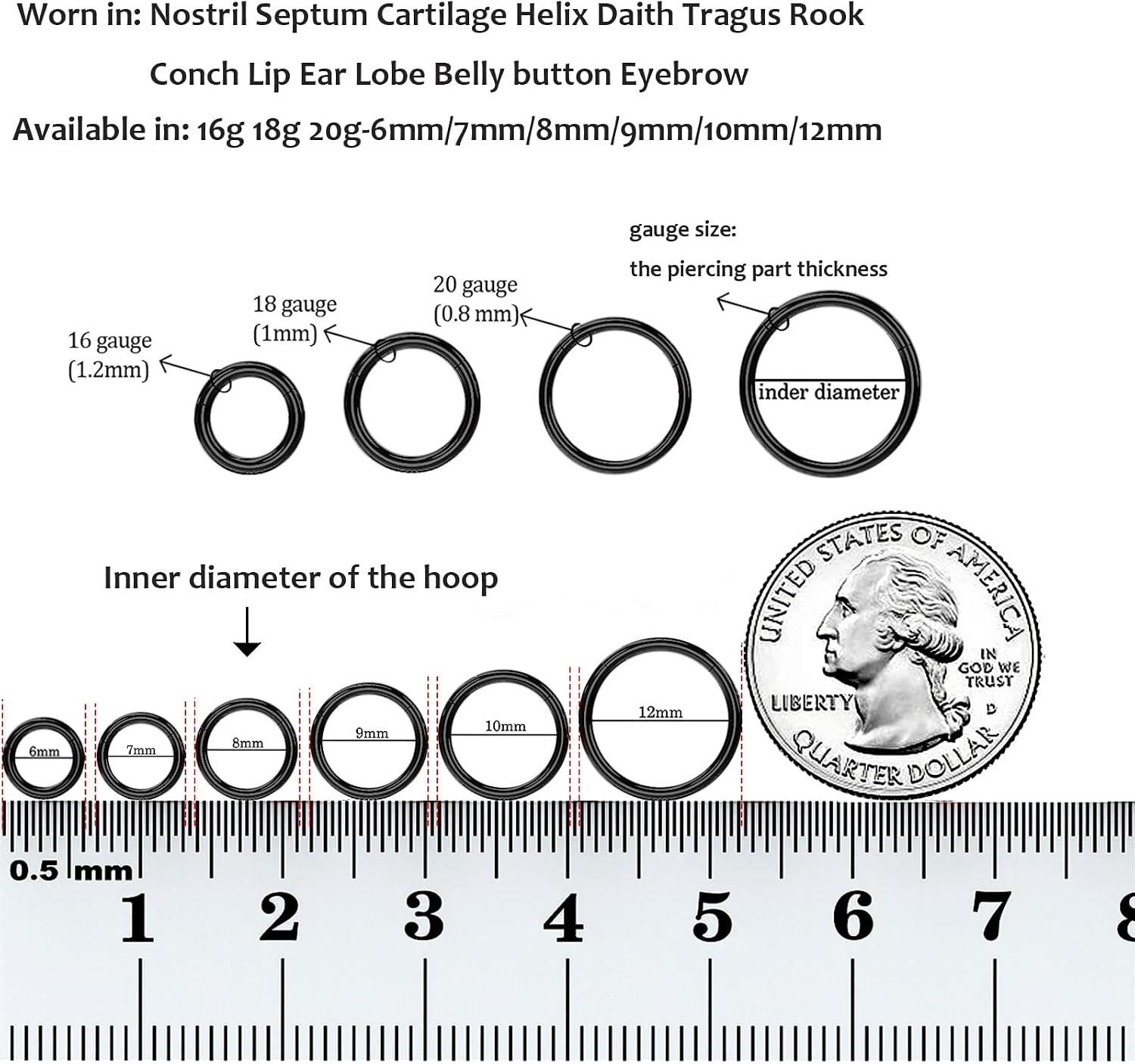 1pcs Women Men Titanium Hinged Nose Rings Hoop 20G 18G 16G 14G 12G Clicker Hoop for Nostril Septum Cartilage Helix Daith Tragus Rook Conch Lip Ear Lobe Piercings 6mm/7mm/8mm/9mm/10mm/11mm/12mm/14mm/16mm Silver-Gold-Rose Gold-Black