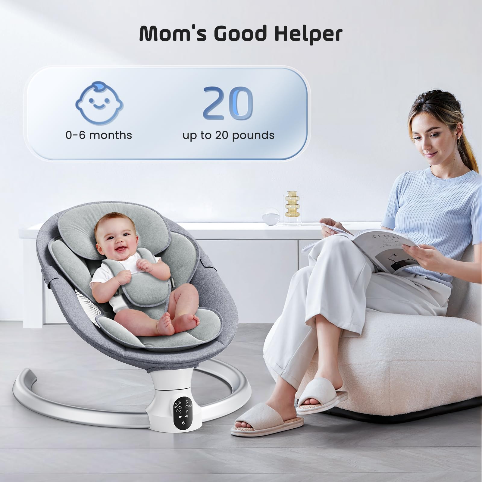 Columpio eléctrico para bebé con aplicación y control remoto, 5 ángulos de giro y 3 ajustes de temporizador, Bluetooth, columpio portátil para recién nacido con alimentación USB, hamaca ergonómica