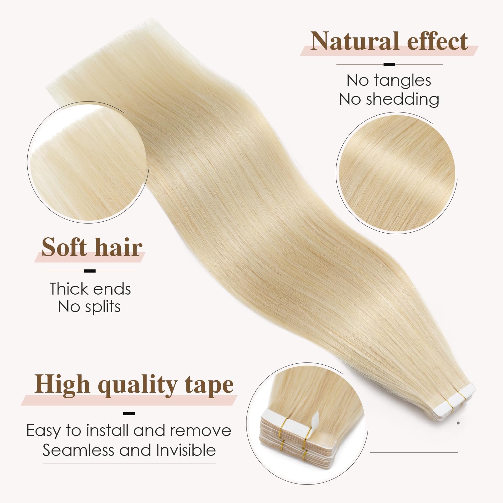 TESS Tape in Hair Extensions Human Hair 10 PCS #613 Bleached Blonde - 14 Inch Seamless Invisible Real Hair Extension Straight 20g - Image 2