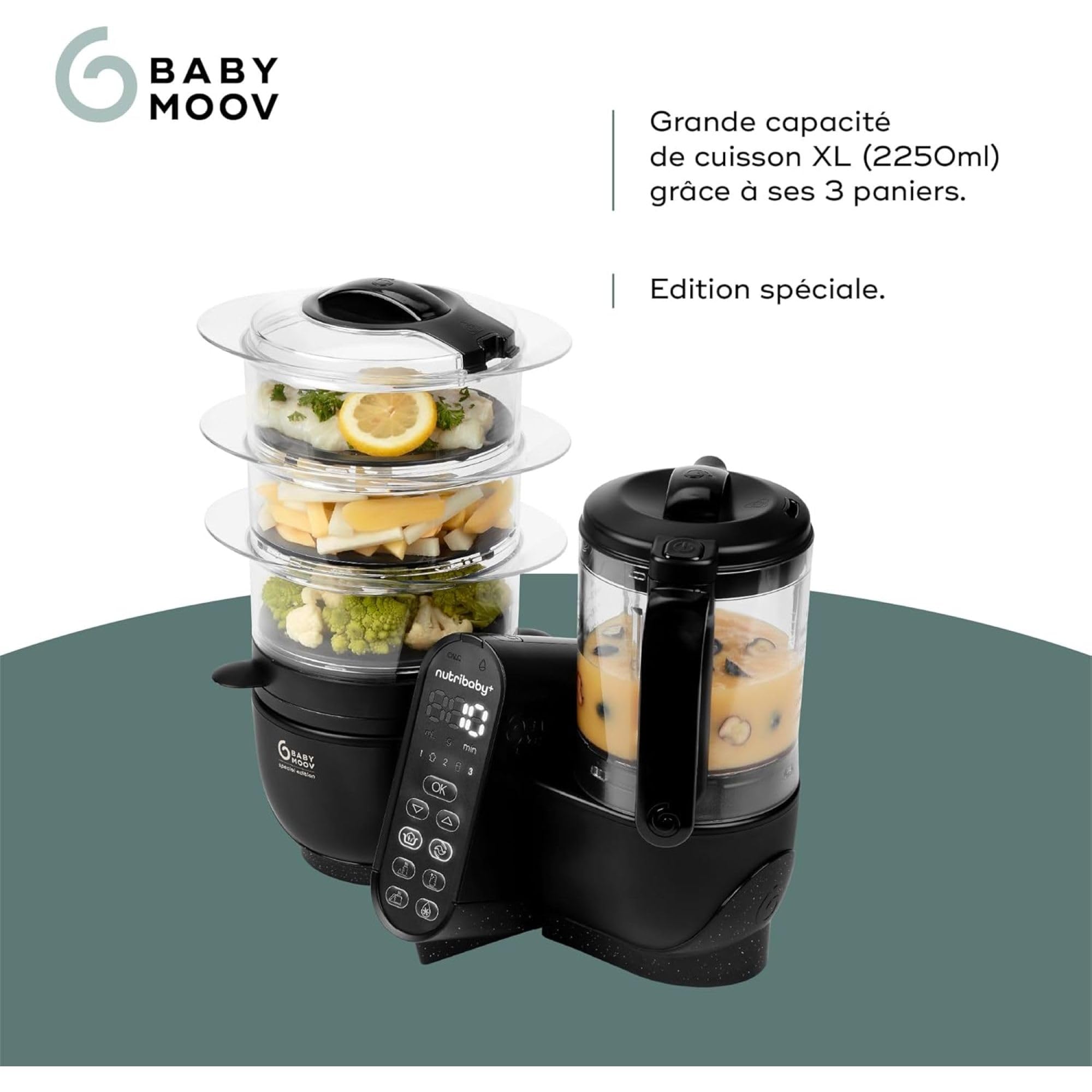 Babymoov Nutribaby (+) XL Robot Cooker, duża pojemność 2,9 l, do 14 posiłków w 1 cyklu, 6 funkcji w 1-2 koszach na parze - dywersyfikacja żywności - mikser dla niemowląt, czarny