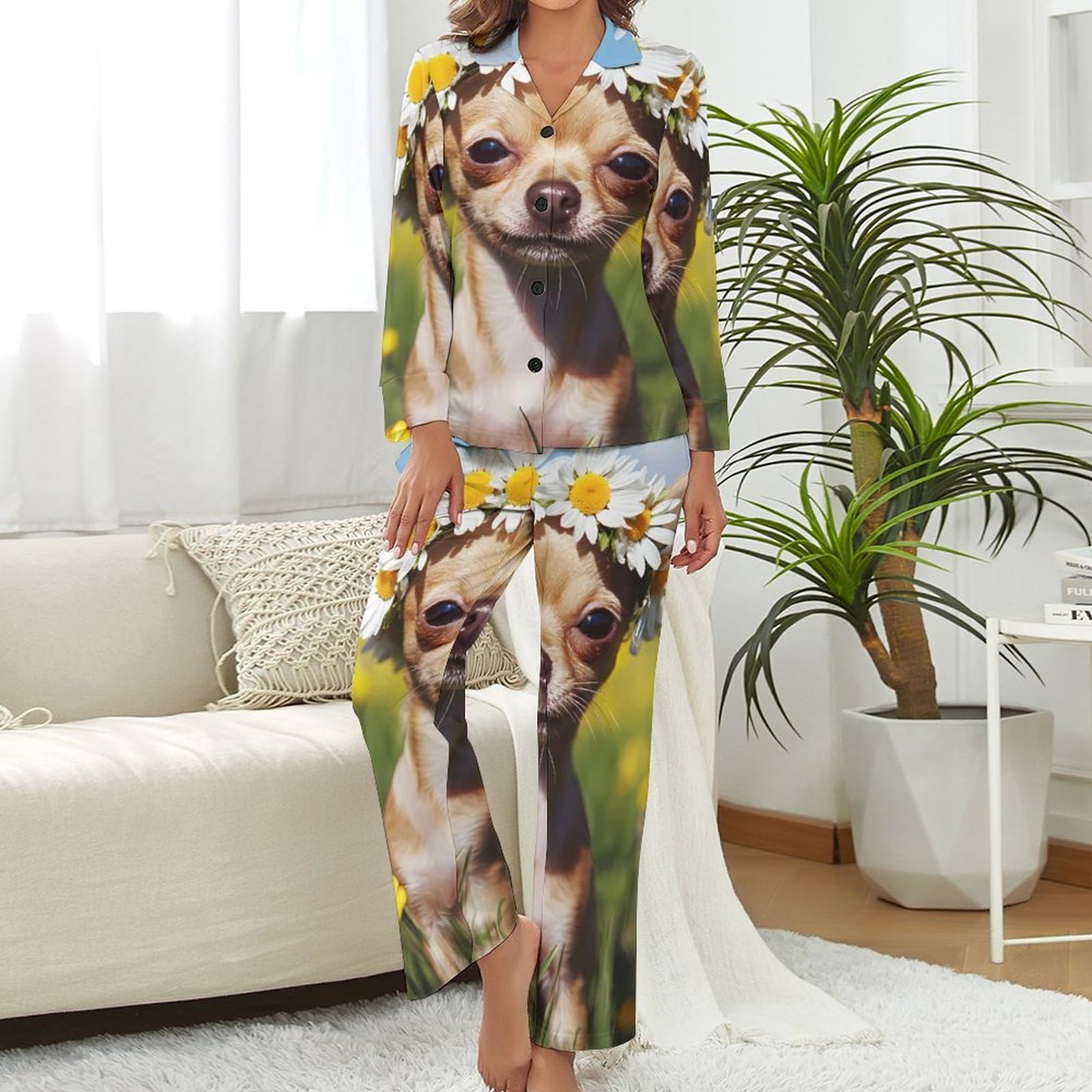 Conjunto de pijama elegante de perro chihuahua con estampado de flores para mujer, manga larga, botones y pantalones, ropa de descanso