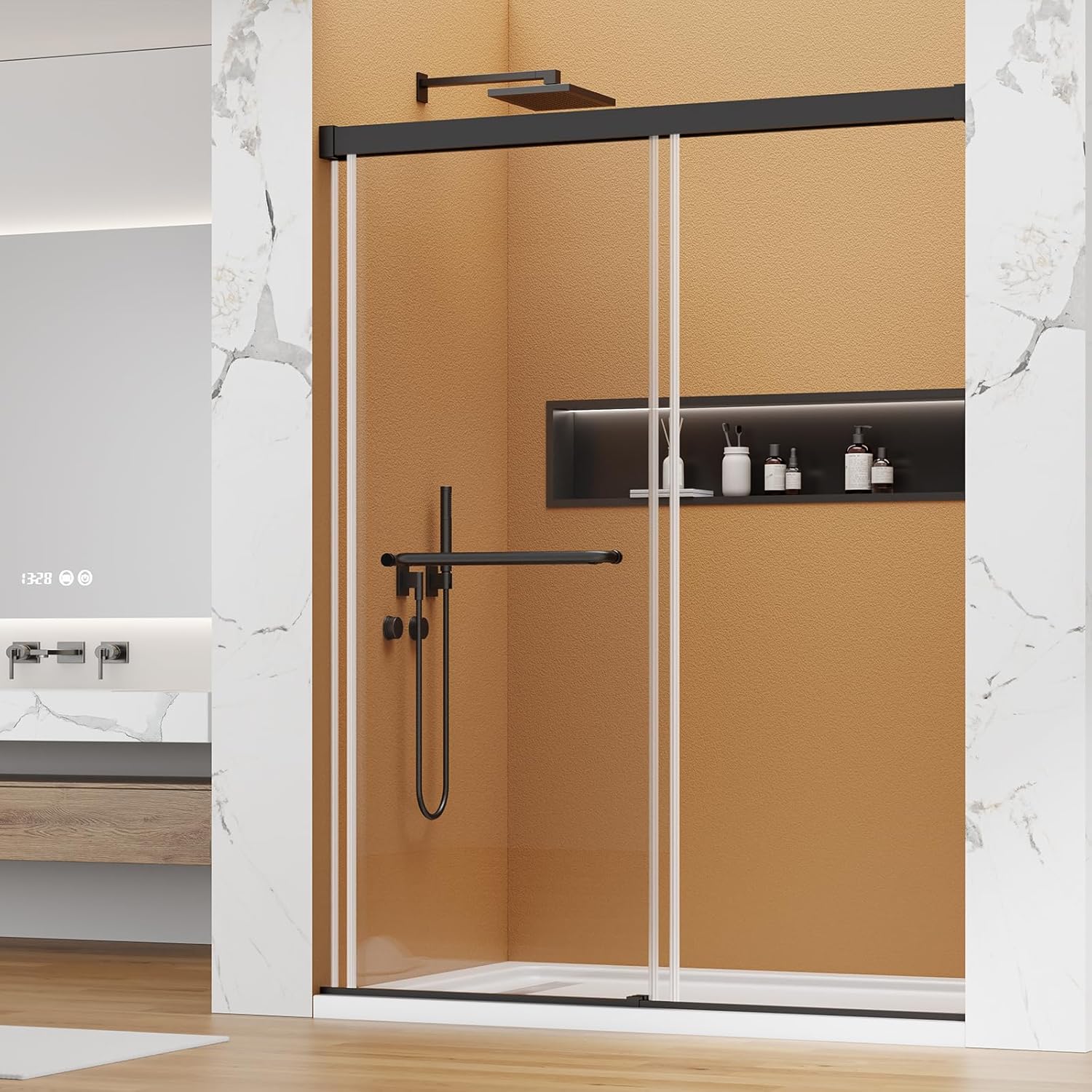 56-60" W x 72" H Frameless Double Sliding Shower Glass Door, 1/4" Clear SGCC Tempered Glass, Nano Coating, Easy to Clean, 304 Stainless Steel Hardware, Reversible Installation - Matte Black