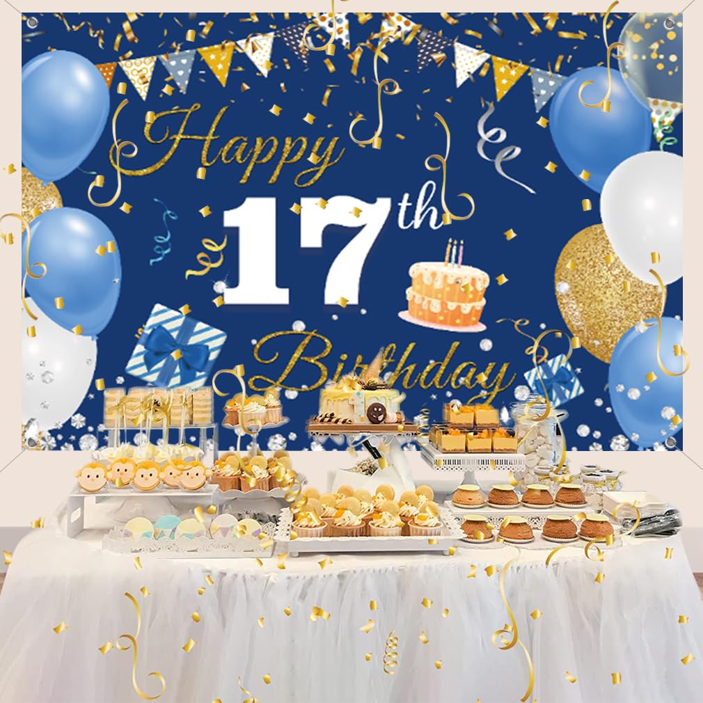Geburtstagsdeko Für Den 17. - Blaues Banner & 5 Wirbel Mit 'Happy 17th Birthday' - Für Jungen