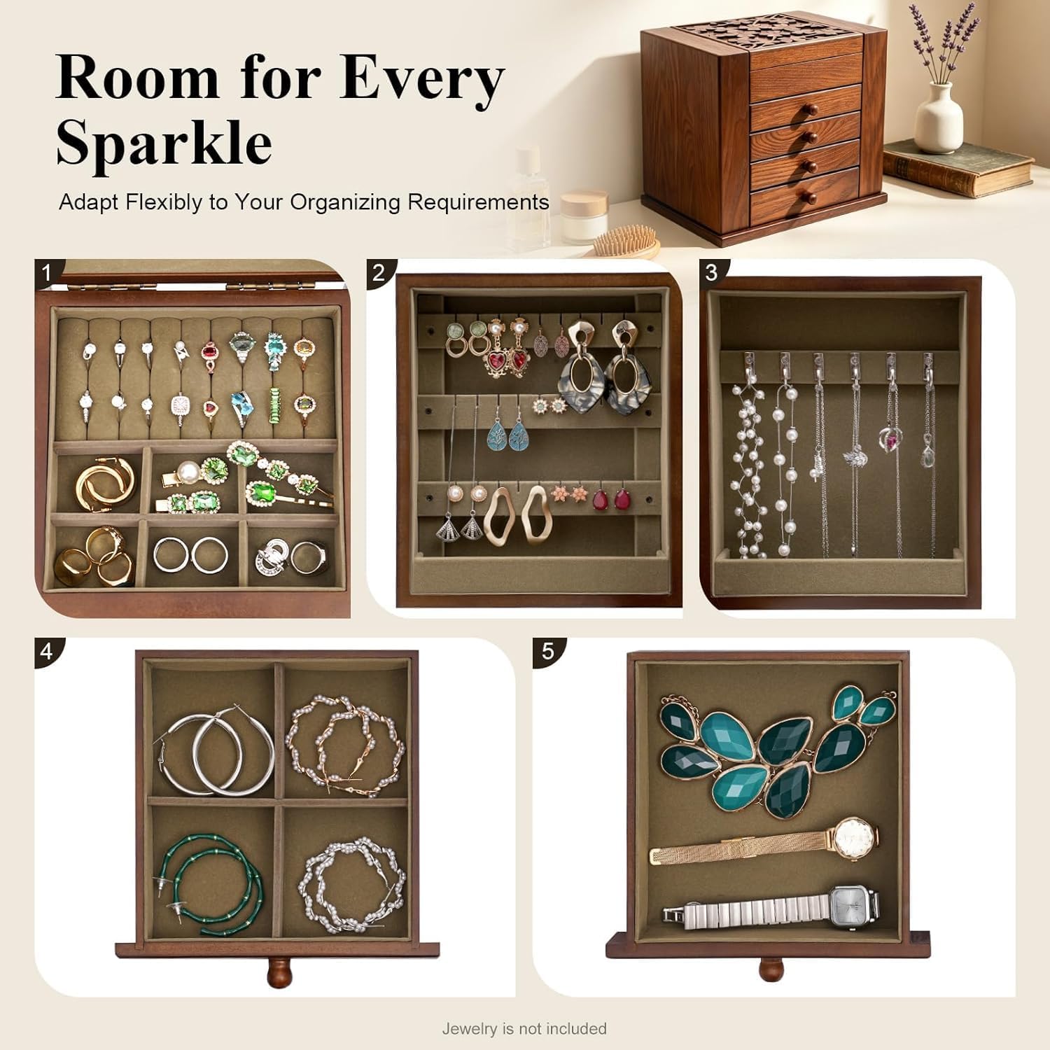 FIUZA Walnut Wooden Jewelry Box 5 Layer Lockable Wood Jewelry Organizer With Mirror, Side Doors & Brass Handle, Classical Design For Rings, Necklaces, Earrings, Ideal Gift For Dark Brown image 2