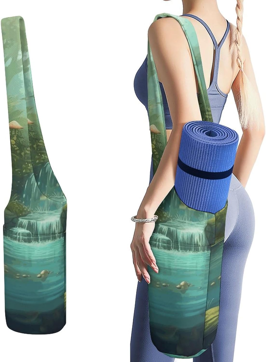 Yoga Mat Organizer, View of Fantasy River with Pond And Fishes Mushroom in Jungle Trees Print Yoga Mat Bag Gym Mat Bag Canvas Storage Bag Durable Yoga Carrier