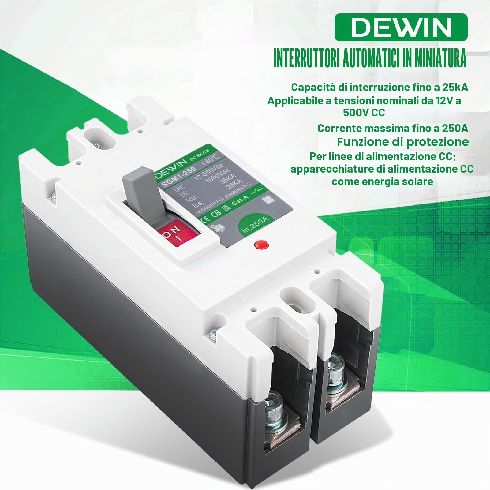Interruttore Automatico Scatolato CC MCCB, 2P DC500V 250A Interruttore Automatico Fotovoltaico Interruttore Principale del Batteria Solare Sezionatore di Protezione per Sistema Solare Fotovoltaico
