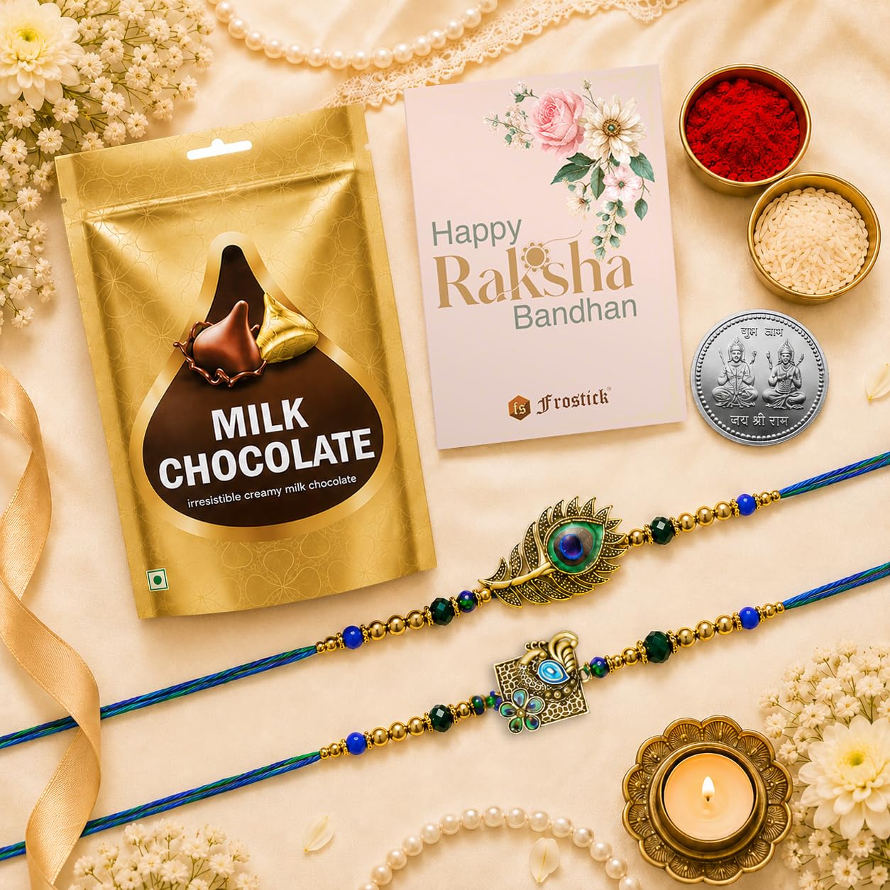 Frostick Rakhi Gift Set for Brother with Hersheys Kisses Chocolate Includes Set of 2 Premium Rakhis Card and Tikka Ideal Raksha Bandhan Combo for Bhaiya Boys Kids and Men-image-4