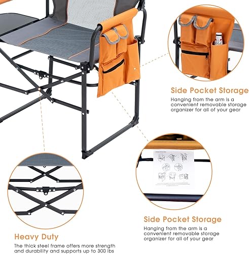Miniatura 5 de Silla de director plegable ancha con mesa, silla de campamento al aire libre para adultos con soporte para tazas, carga de 330 libras, silla ligera