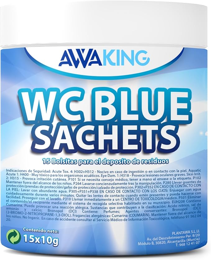 AWAKING Pastillas WC Quimico Autocaravana Blue Sachets 15ud | Higieniza y Desodoriza. Fórmula Concentrada y Aroma Fresco Depósito Aguas Negras de Caravana, Camper, Descompone Residuos.