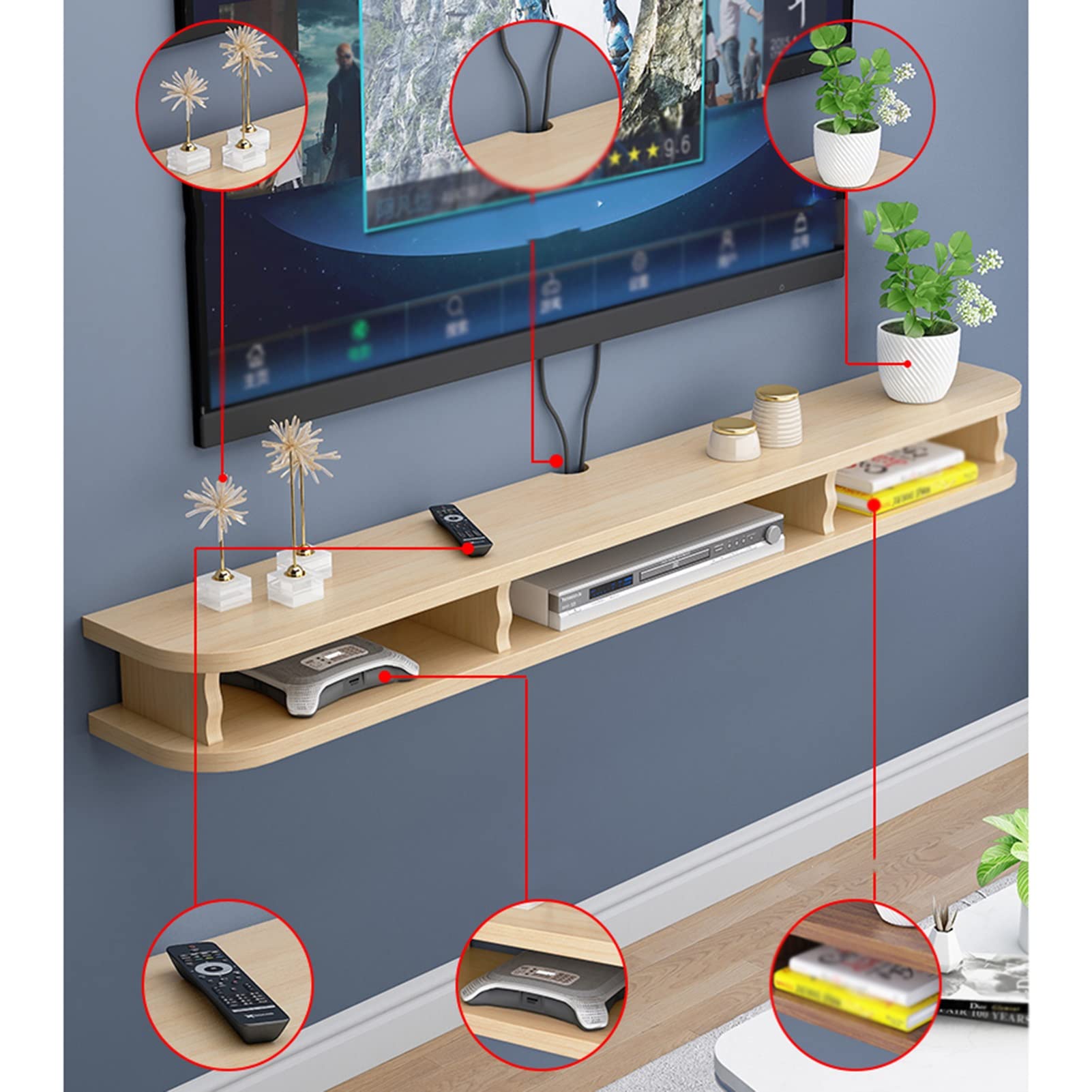 Mobile TV fluttuante da parete con supporto WiFi, in legno massello, organizer per console multimediale per nascondere il cavo, mensola per TV a parete per lettore DVD, TV box e telecomandi (100 x 22