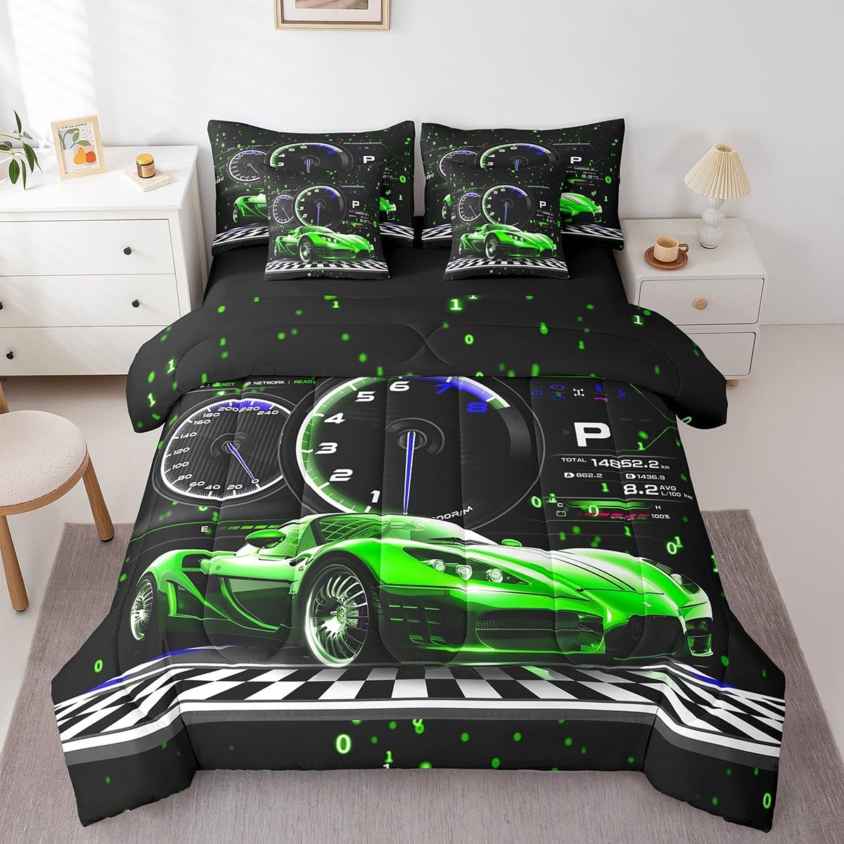 Feelyou Racing Car Full Size - 7 Pieces Bed in a Bag Set Race Car Comforter Set with Sheets Boys Girls Extreme Sports Bedding Sets with Comforter, Flat Sheet, Fitted Sheet, Pillowcases, Pillow Covers
