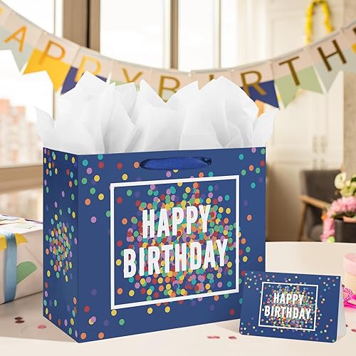 Miniatura 5 de Bolsa de regalo de cumpleaños grande de 13 pulgadas, color azul con tarjetas y papeles de seda, para hombres y niños, diseño de puntos coloridos con