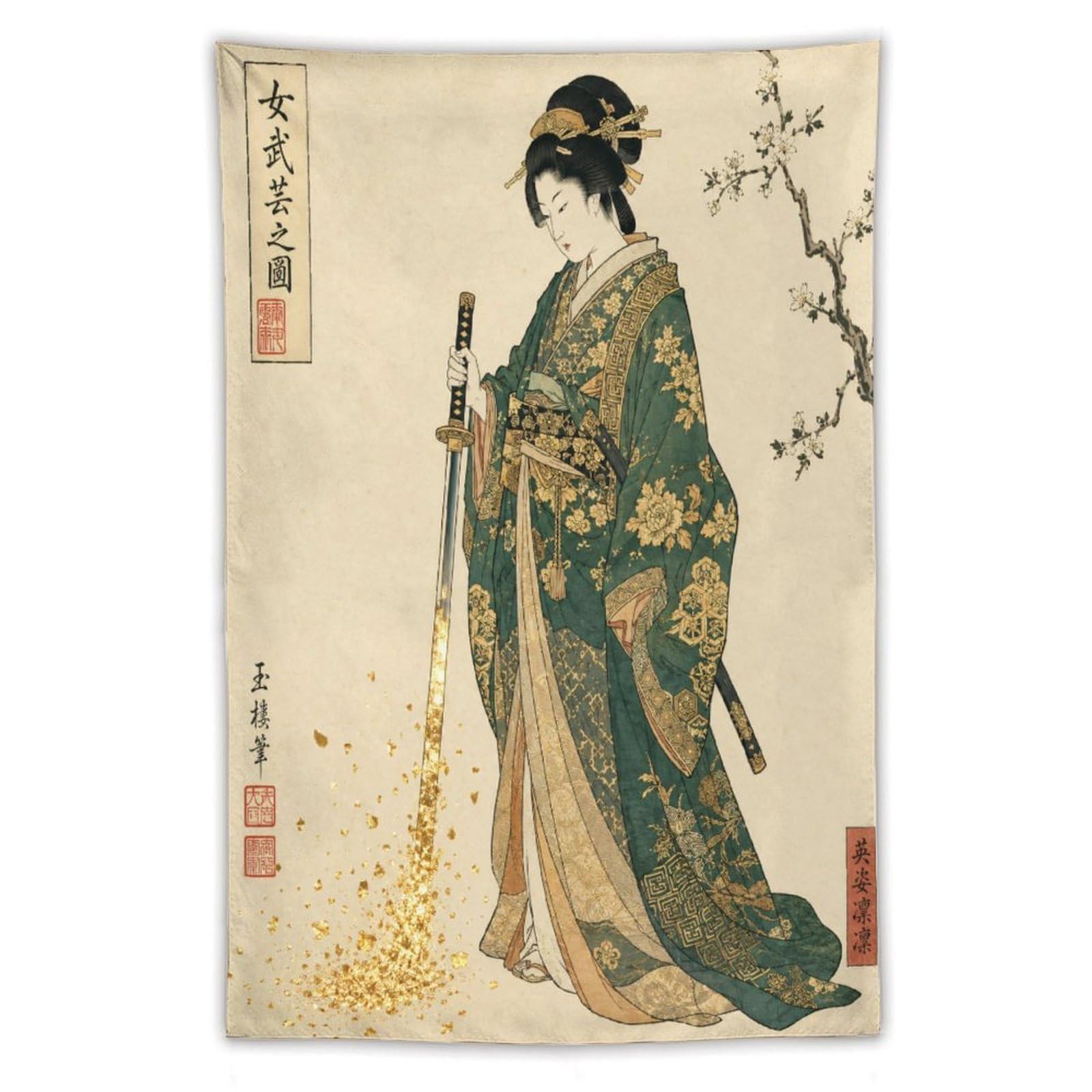 H3B8U2Y5 Japanese Woman with Sword Wall Tapestry, Ukiyo-e Style, Apartment