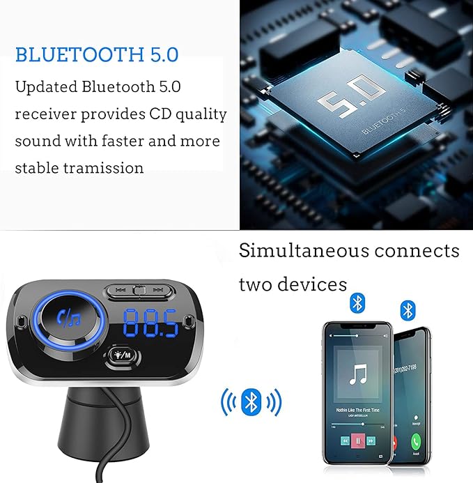 Transmisor FM Bluetooth 5.0 Manos Libres Cargador Rápido QC 3.0 Adaptador miniatura 3
