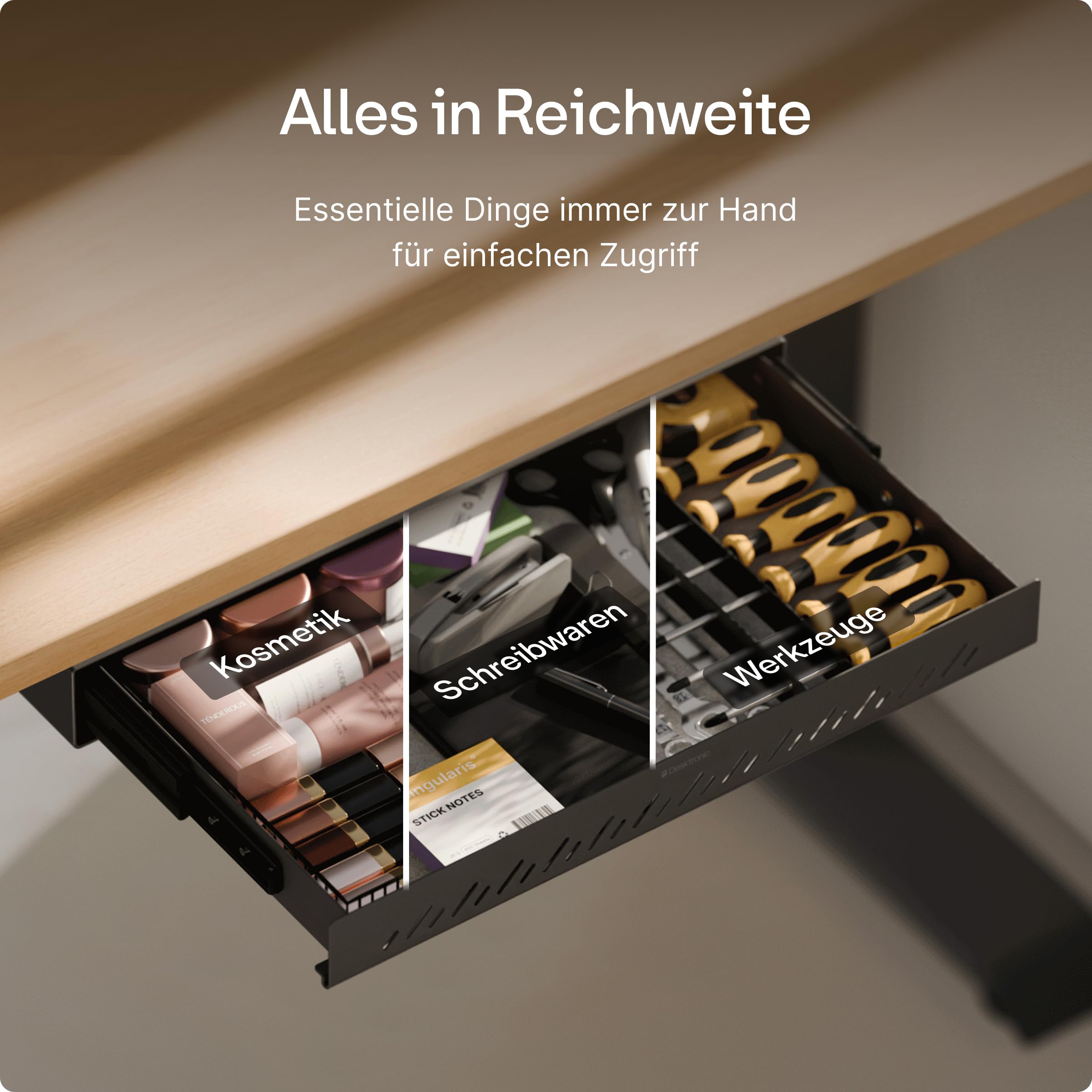 Desktronic Schreibtisch-Organizer, Untertisch-Aufbewahrungsbox, Schreibtisch für Büro Schule Homeoffice Schreibwaren, Metallschublade, Versteckte Schubladenbox (Schwarz)